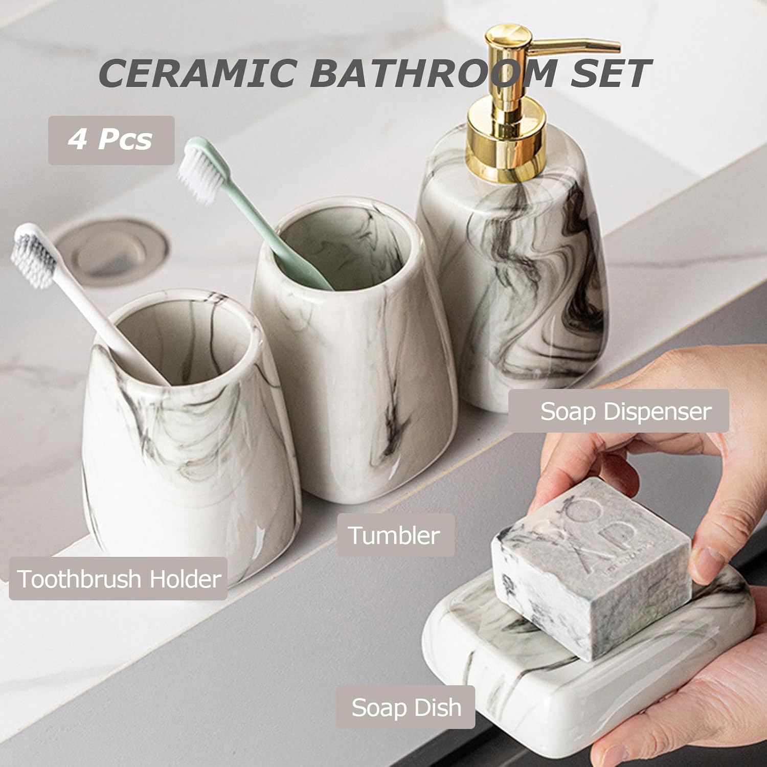 Tmore Ceramic Bathroom Accessory Set 4 Pcs Modern Design