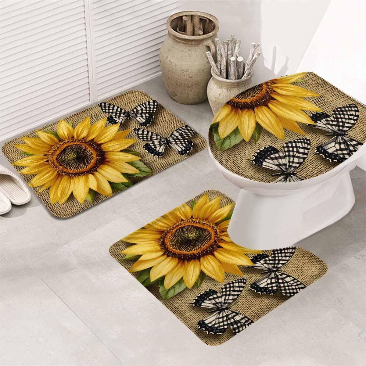 Wotrend Floral Bath Rug Set with Sunflowers and Butterfly Design