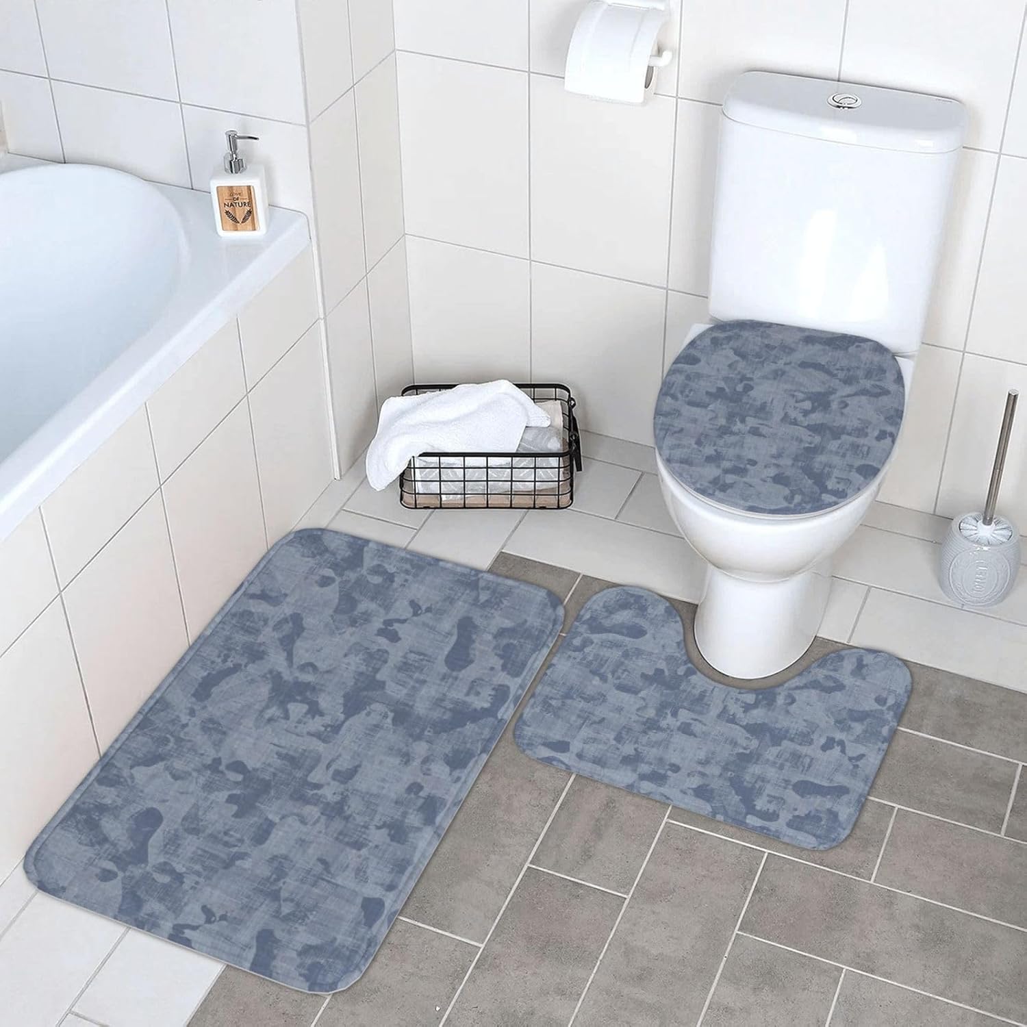 French Blue Mottled Linen 3-Piece Bath Rug Set