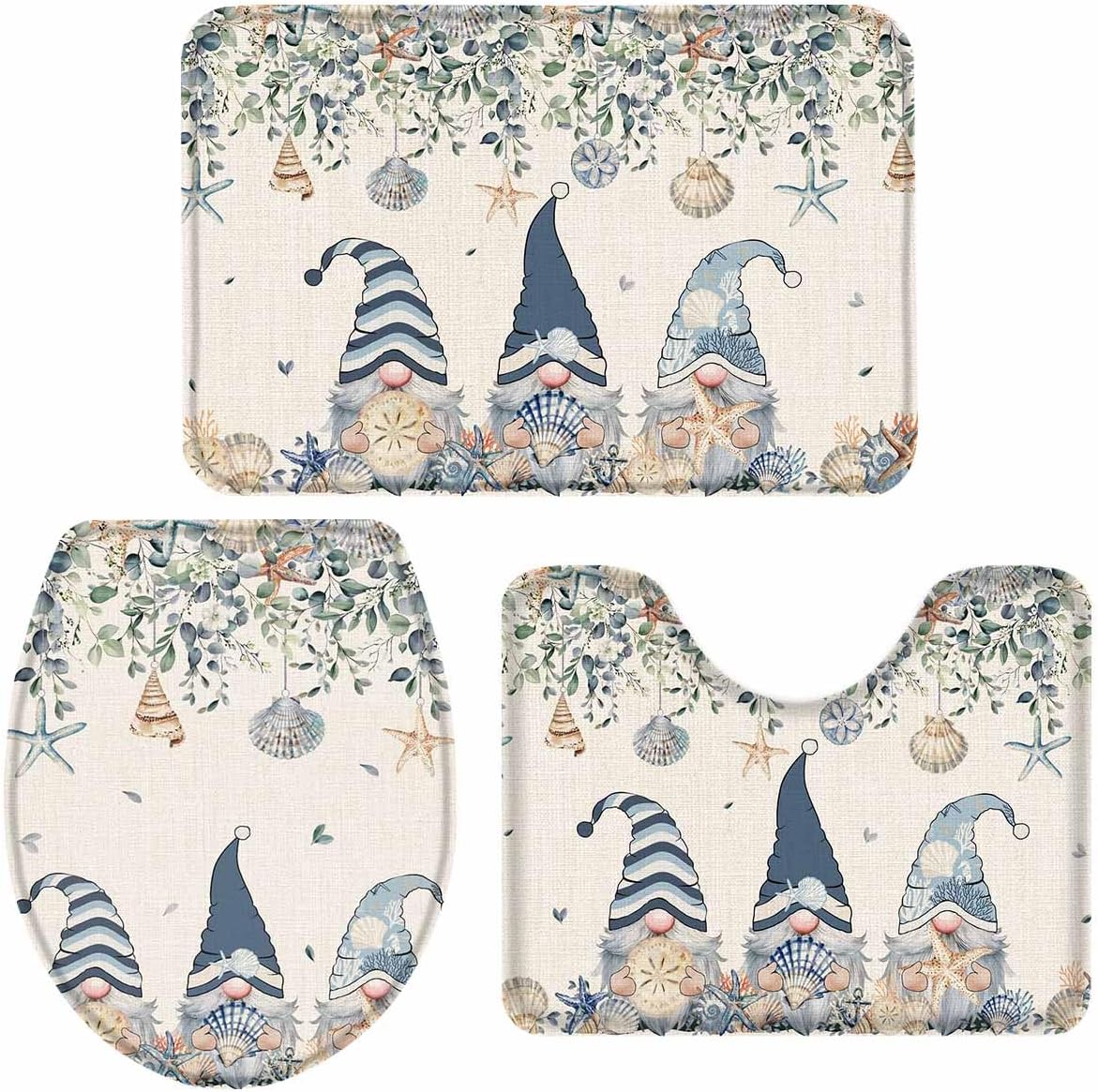Wotrend Summer 3 Piece Bath Rug Set Ocean Blue Gnome Starfish