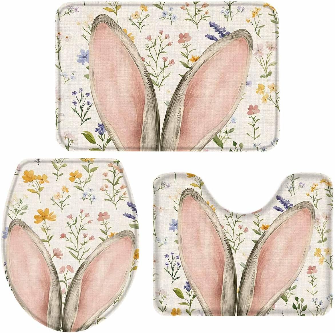 Wotrend Easter 3 Piece Bath Rug Set with Rabbit Ears and Wildflowers 1