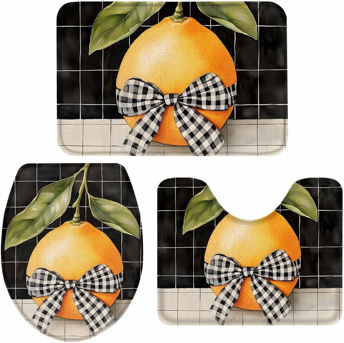 Wotrend Lemon 3 Piece Bath Rug Set with Checked Plaid Linen Texture