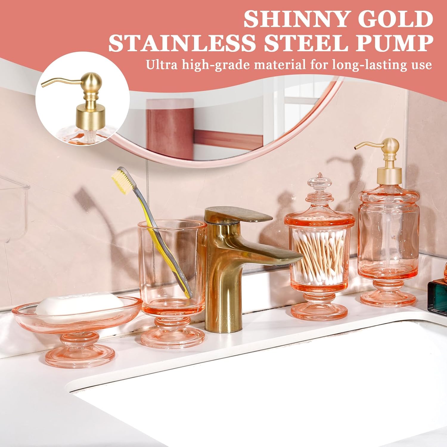 Pink Glass Bathroom Accessories Set 4Pcs 1