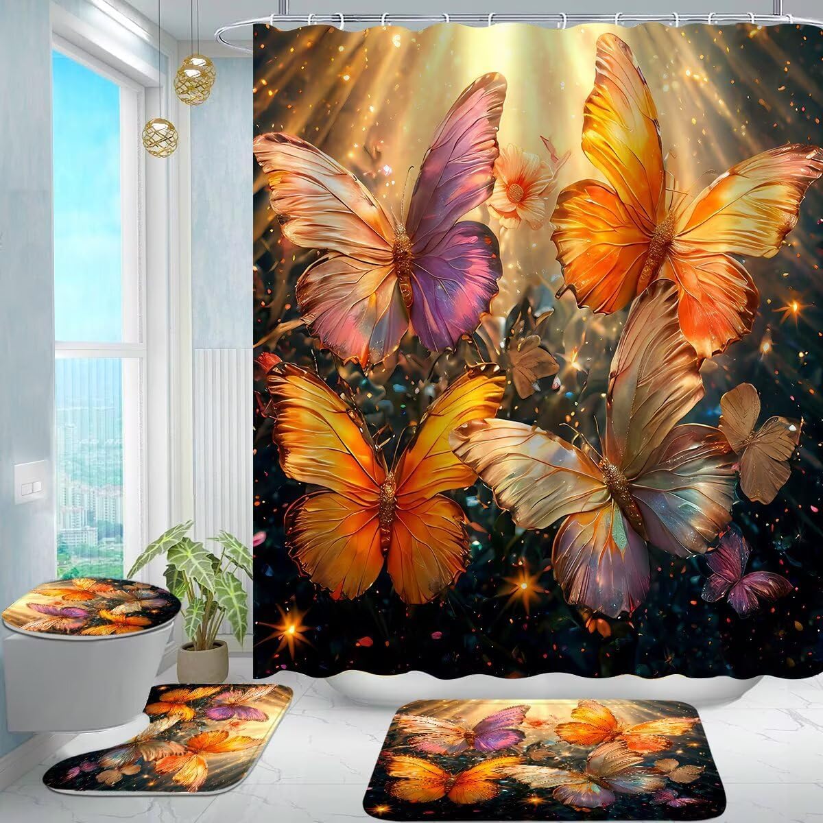 4Pcs Gold Butterfly Shower Curtain Set with Mats and Hooks