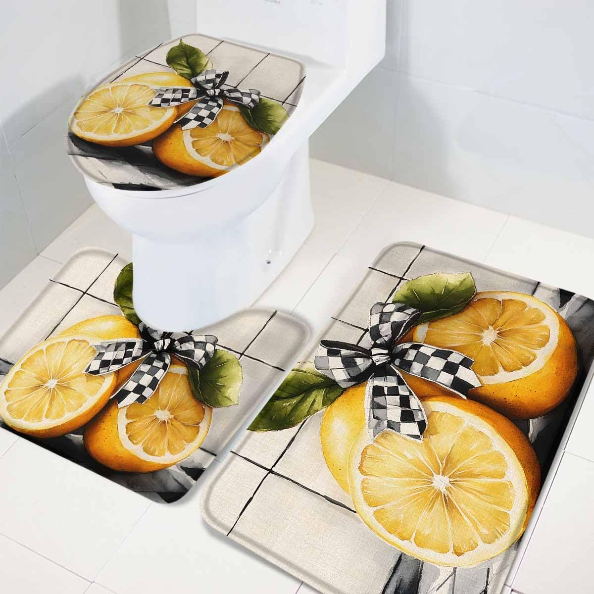 Wotrend Lemon 3 Piece Bath Rug Set with Black Plaid Linen Texture