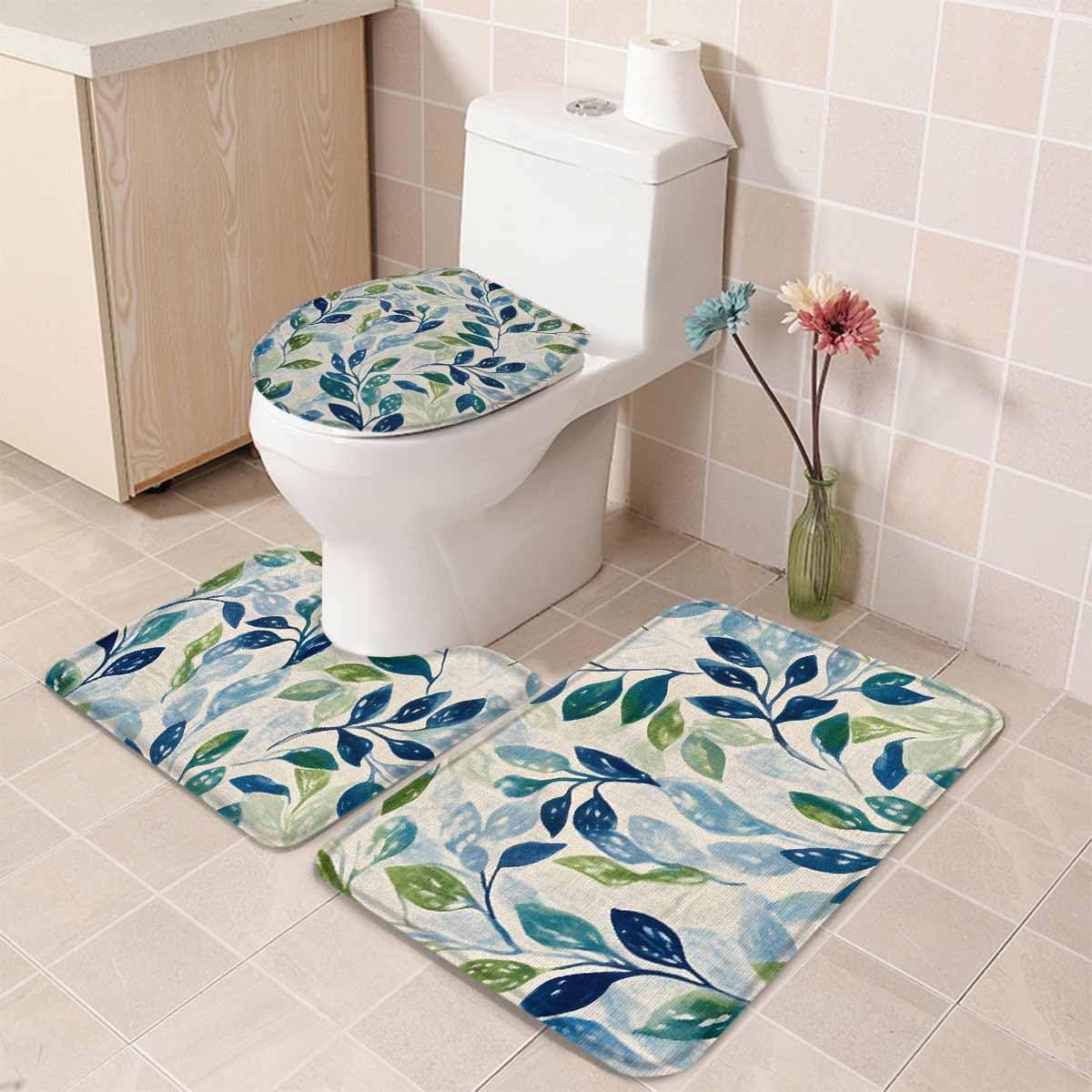 Wotrend Plant 3 Piece Bath Rug Set with Green Blue Leaves Linen Texture