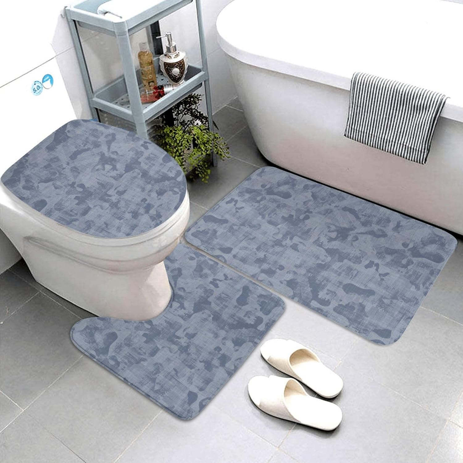 French Blue Mottled Linen 3-Piece Bathroom Rug Set