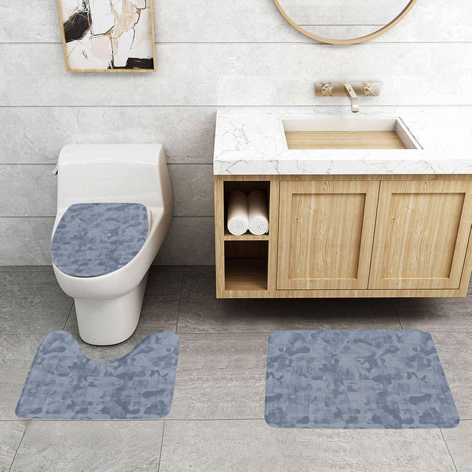 French Blue Mottled Linen 3-Piece Bath Rug Set