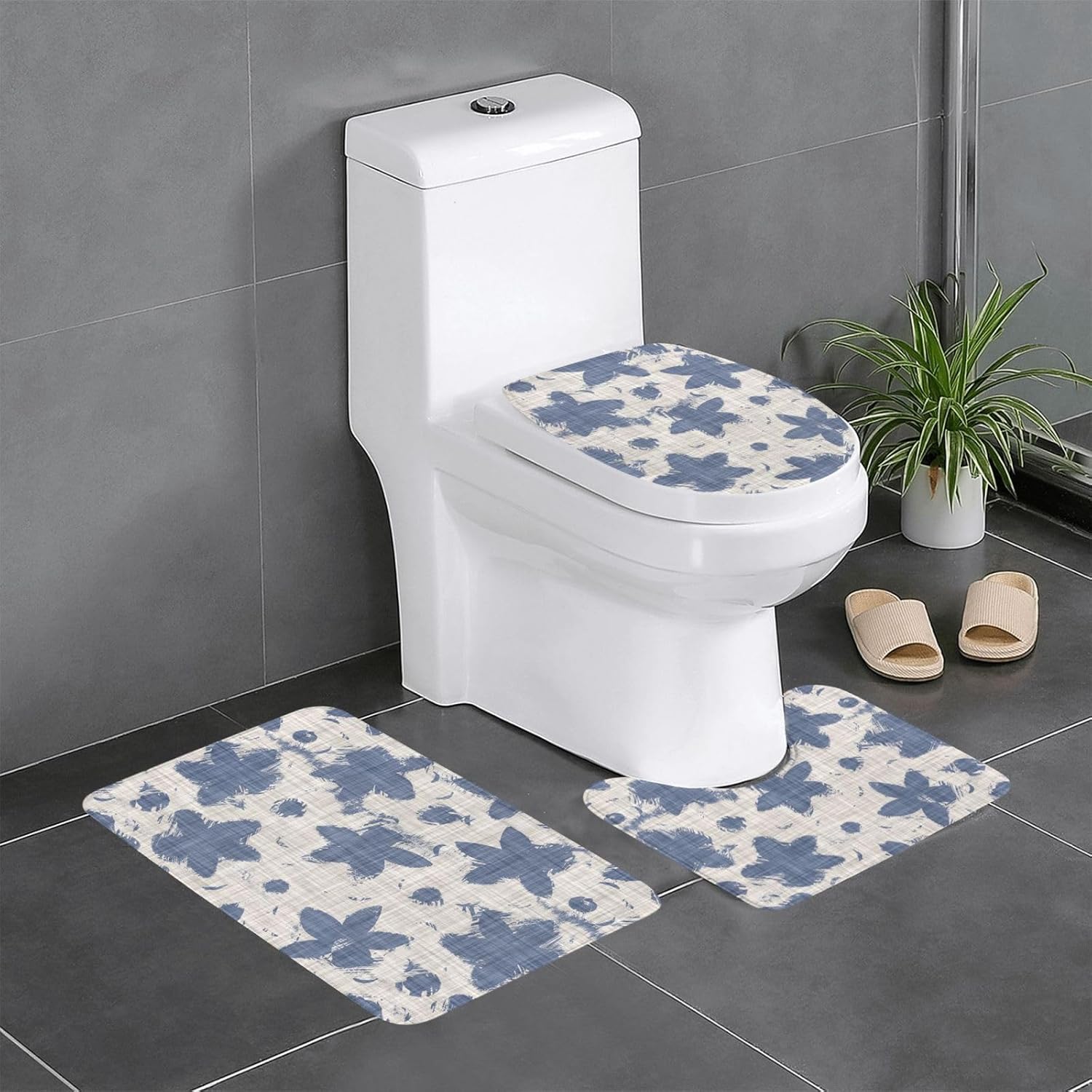 French Linen Floral Bathroom Rug 3-Piece Set