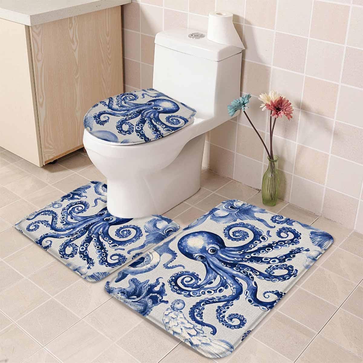 Wotrend Octopus 3 Piece Bath Rug Set Navy Blue