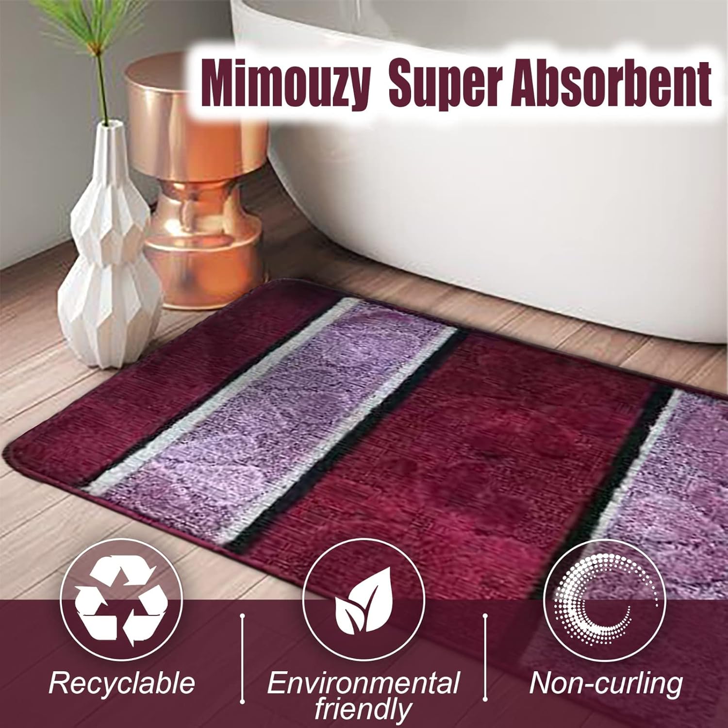 BH Home Linen 3 Pc Geometric Shaggy Bath Rug Set in Burgundy