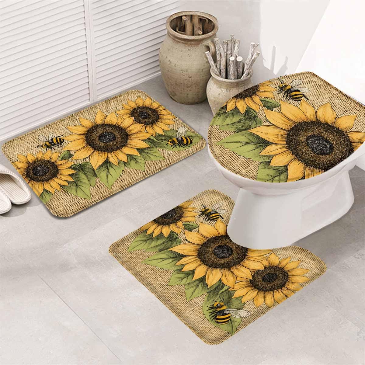 Wotrend Floral 3-Piece Bath Rug Set with Sunflowers and Butterfly Design