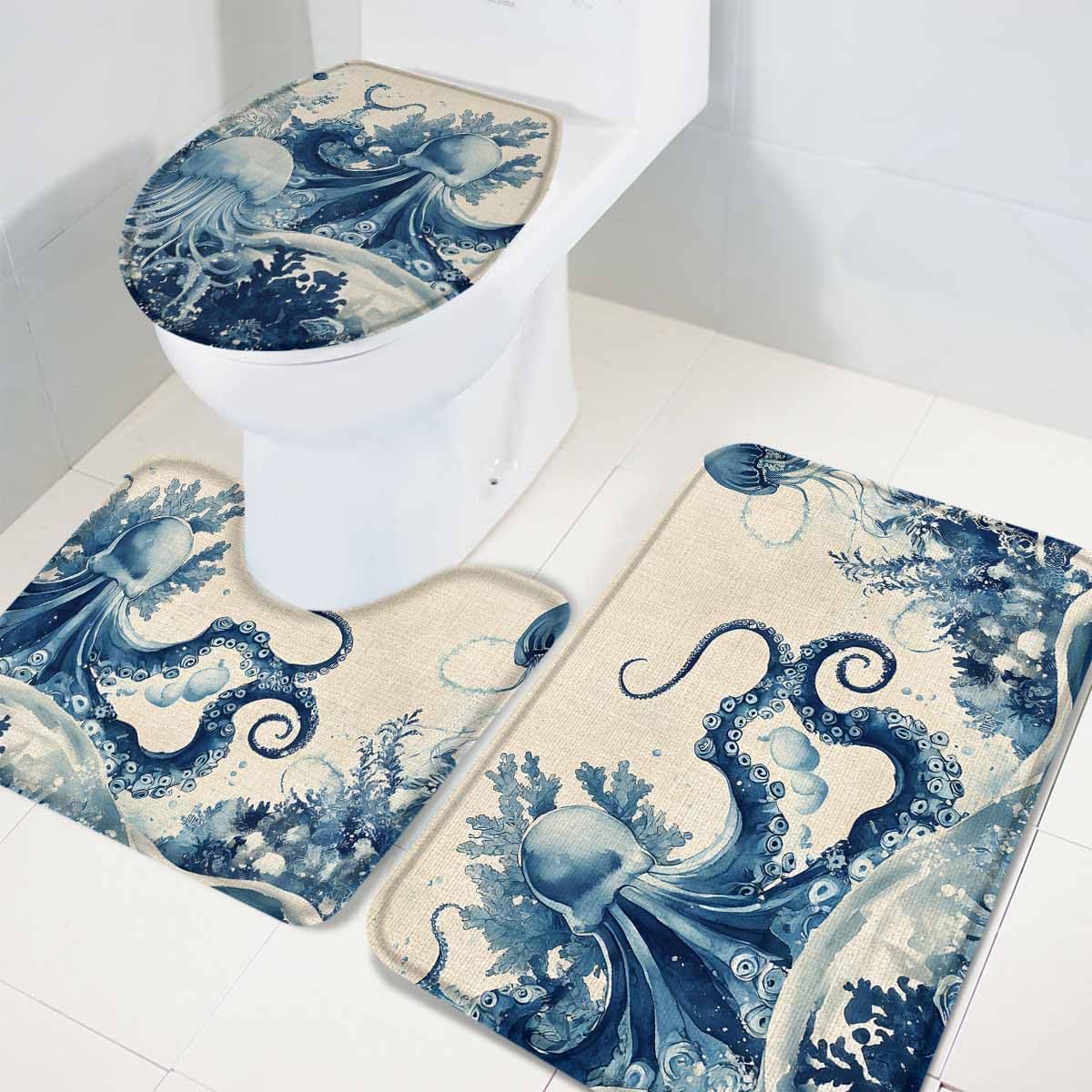 Wotrend Octopus Bath Rugs Set 3 Pieces Underwater Decor