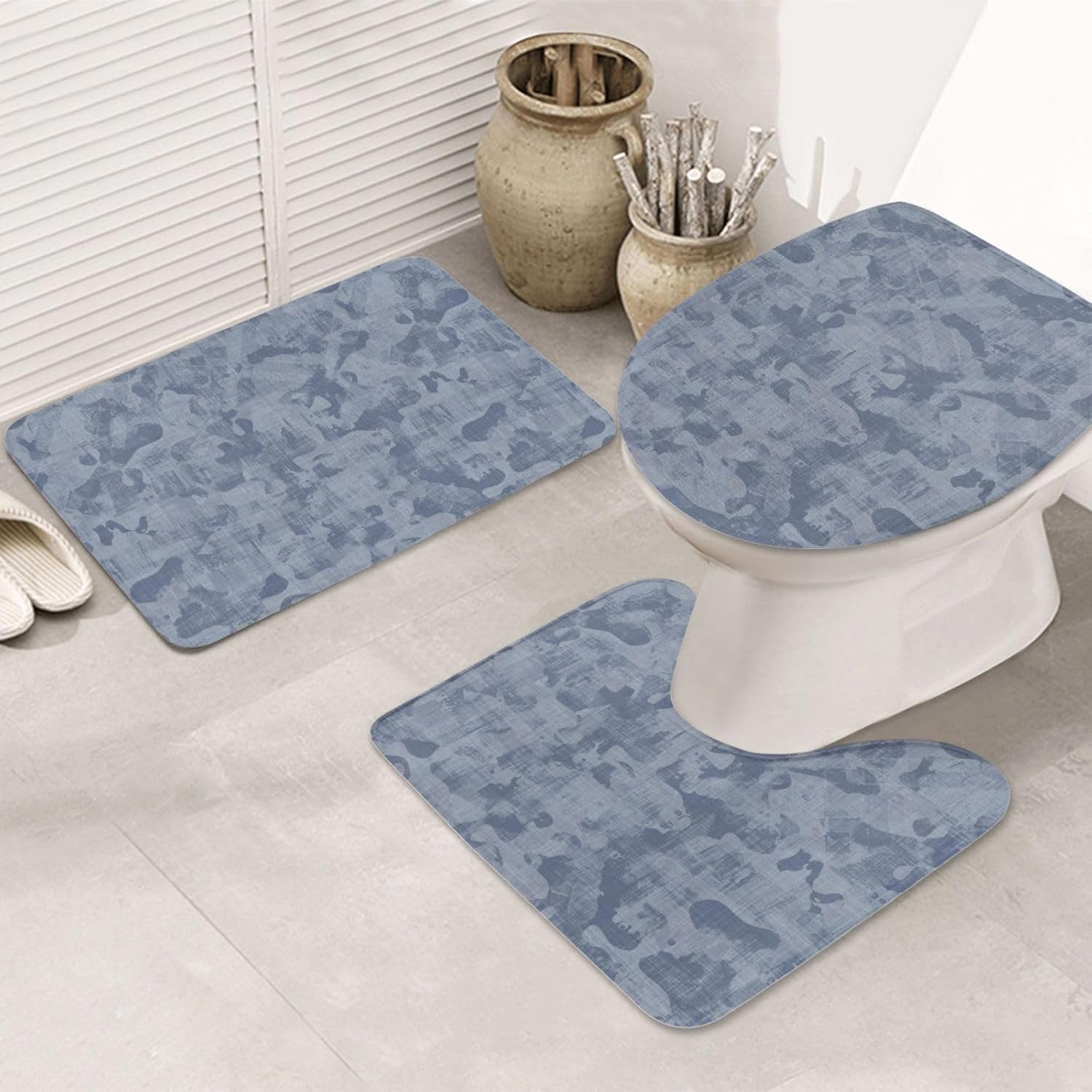 French Blue Mottled Linen 3-Piece Bathroom Rug Set
