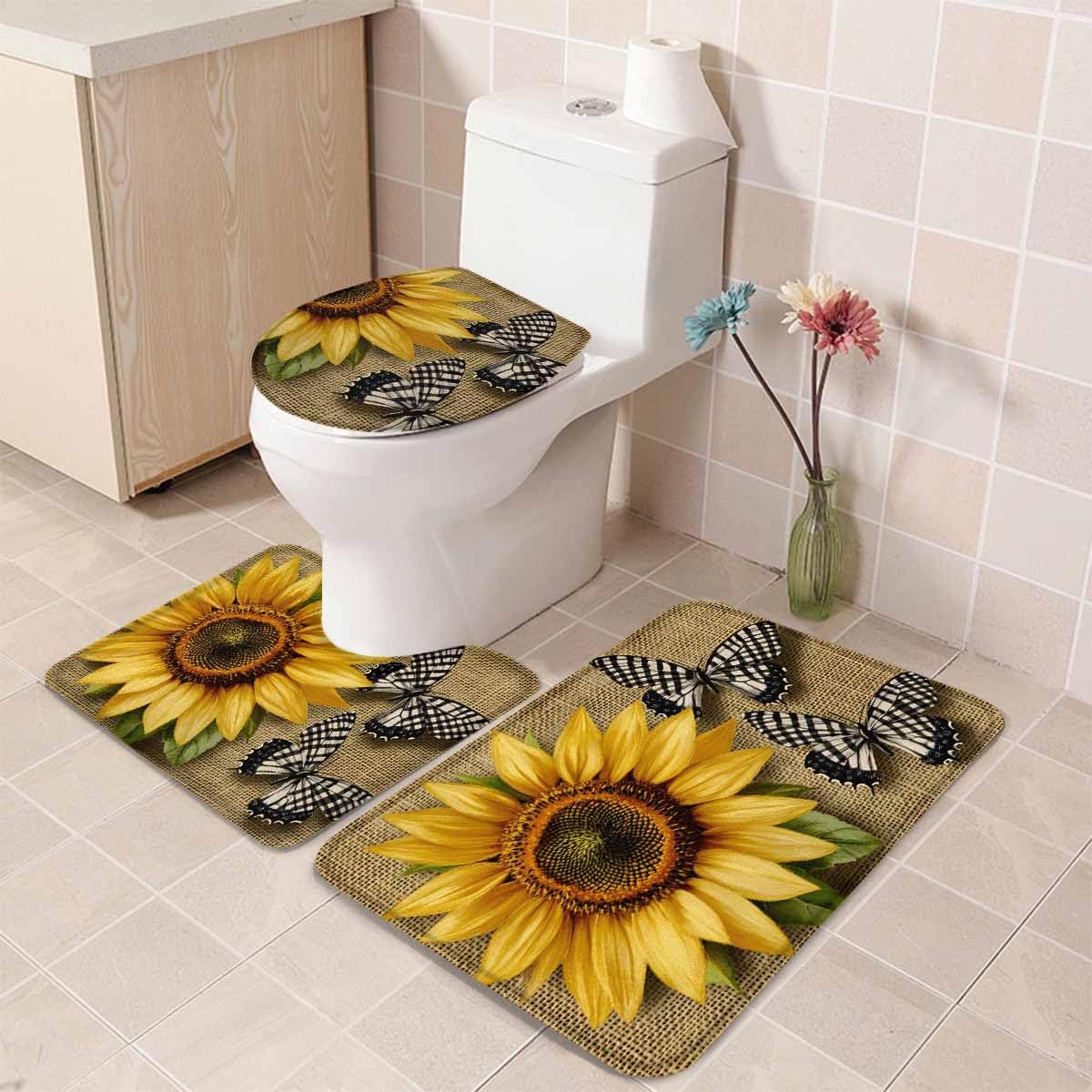 Wotrend Floral Bath Rug Set with Sunflowers and Butterfly Design
