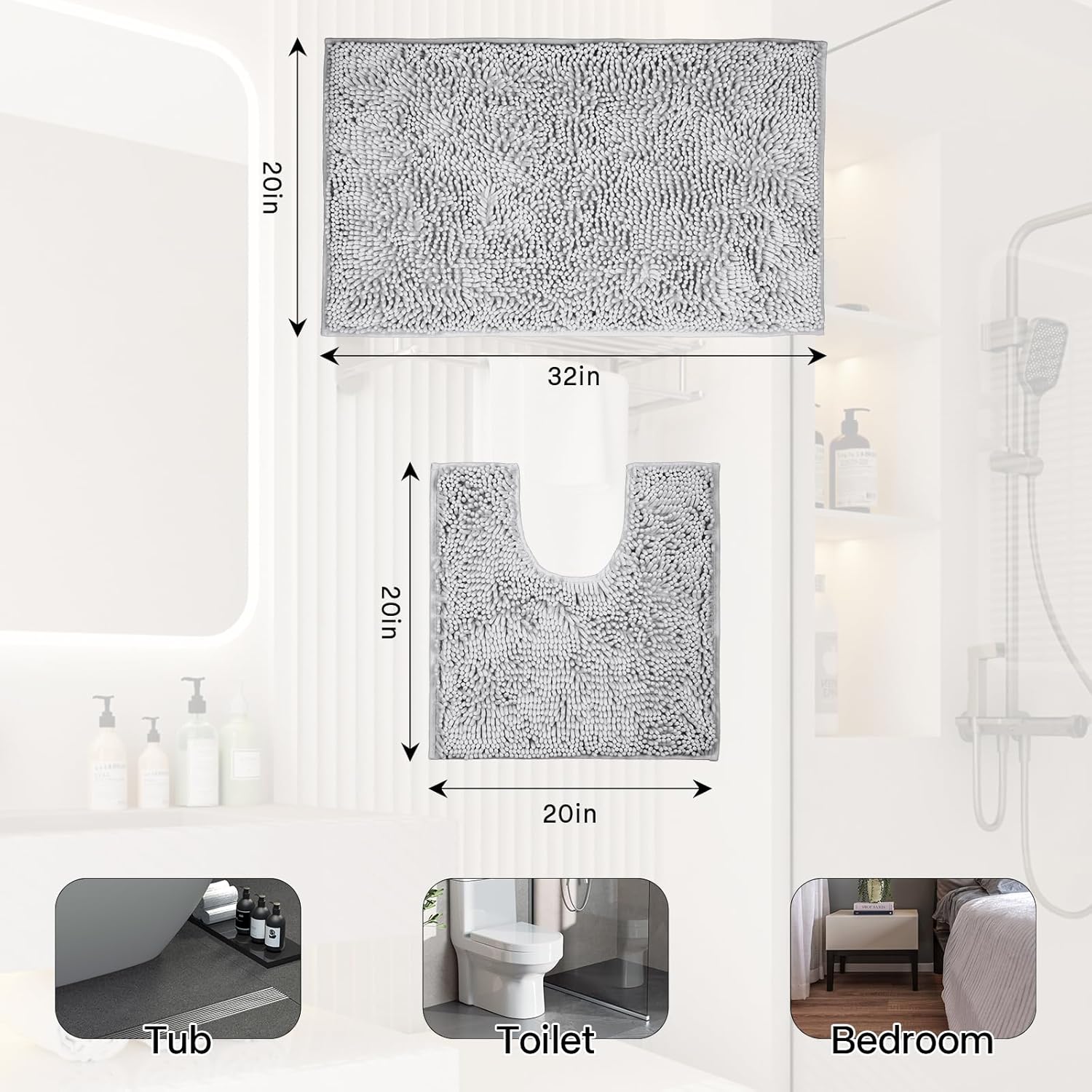 Light Gray 2-Piece Chenille Bath Rug Set 1