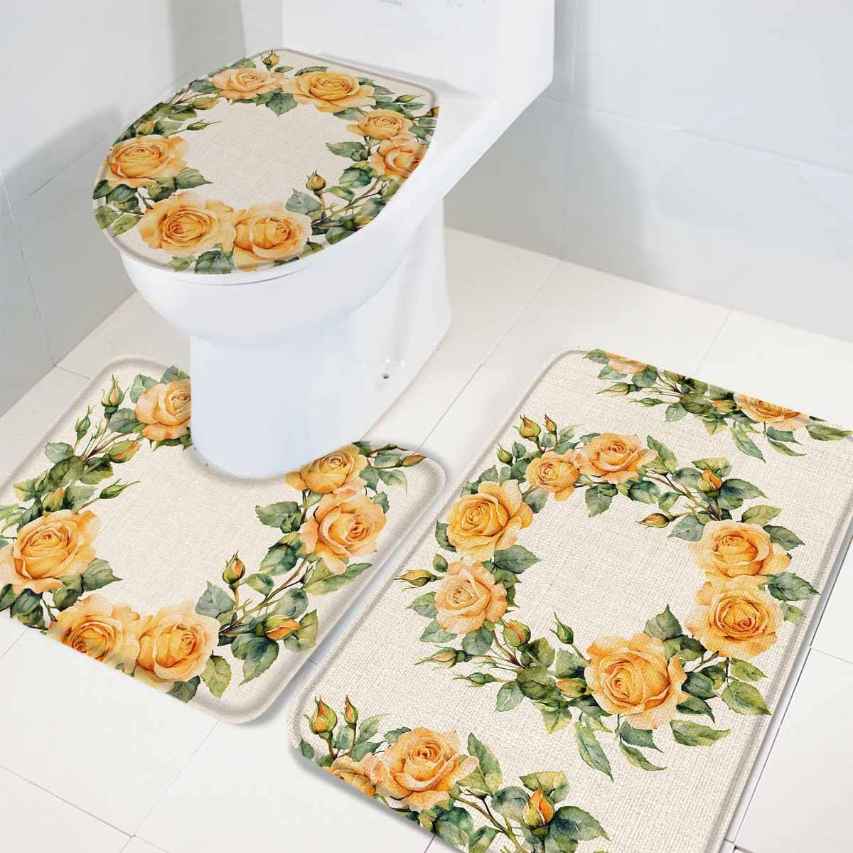 Wotrend 3-Piece Bath Rug Set Farmhouse Yellow Rose Wreath Linen Texture Mats