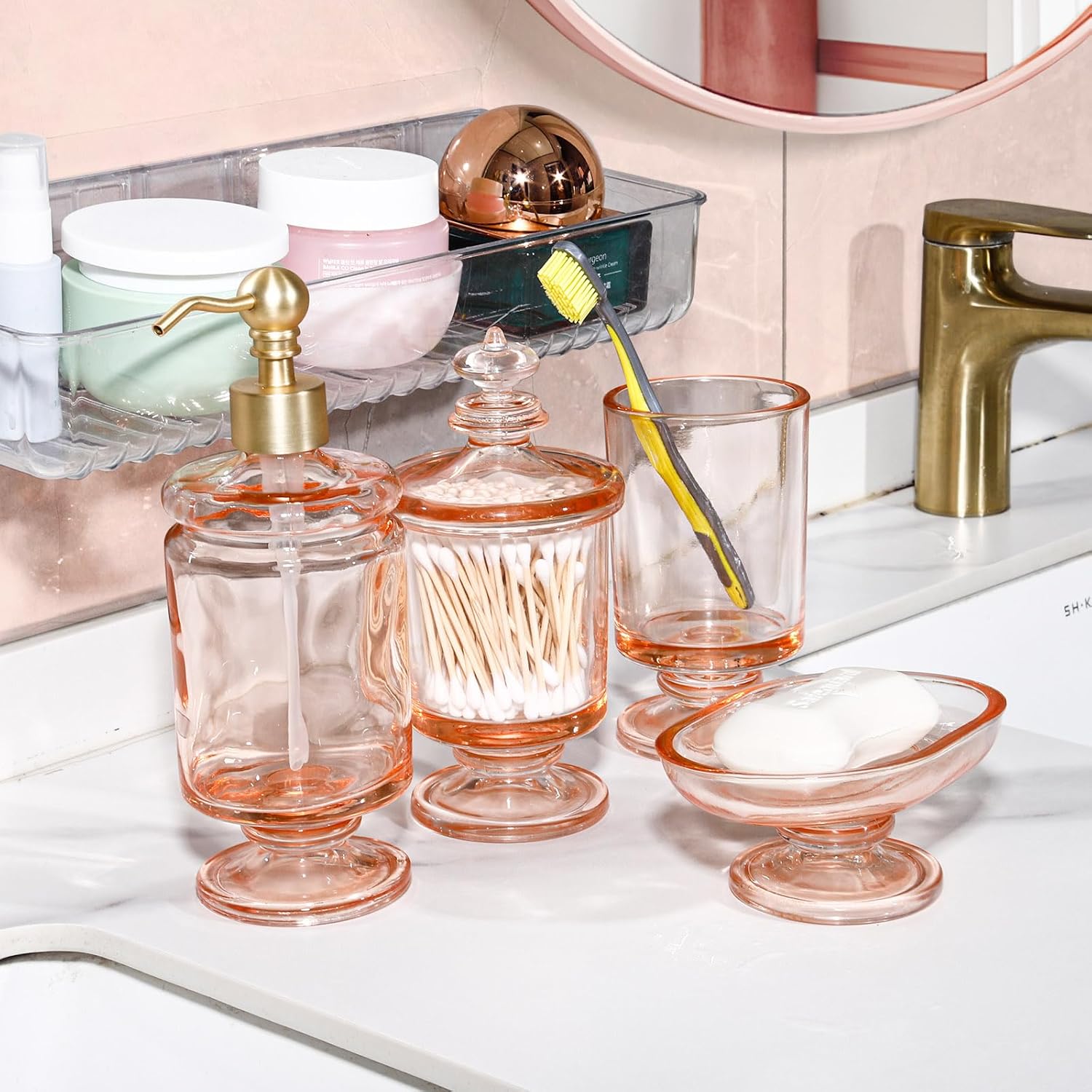 Pink Glass Bathroom Accessories Set 4Pcs 1
