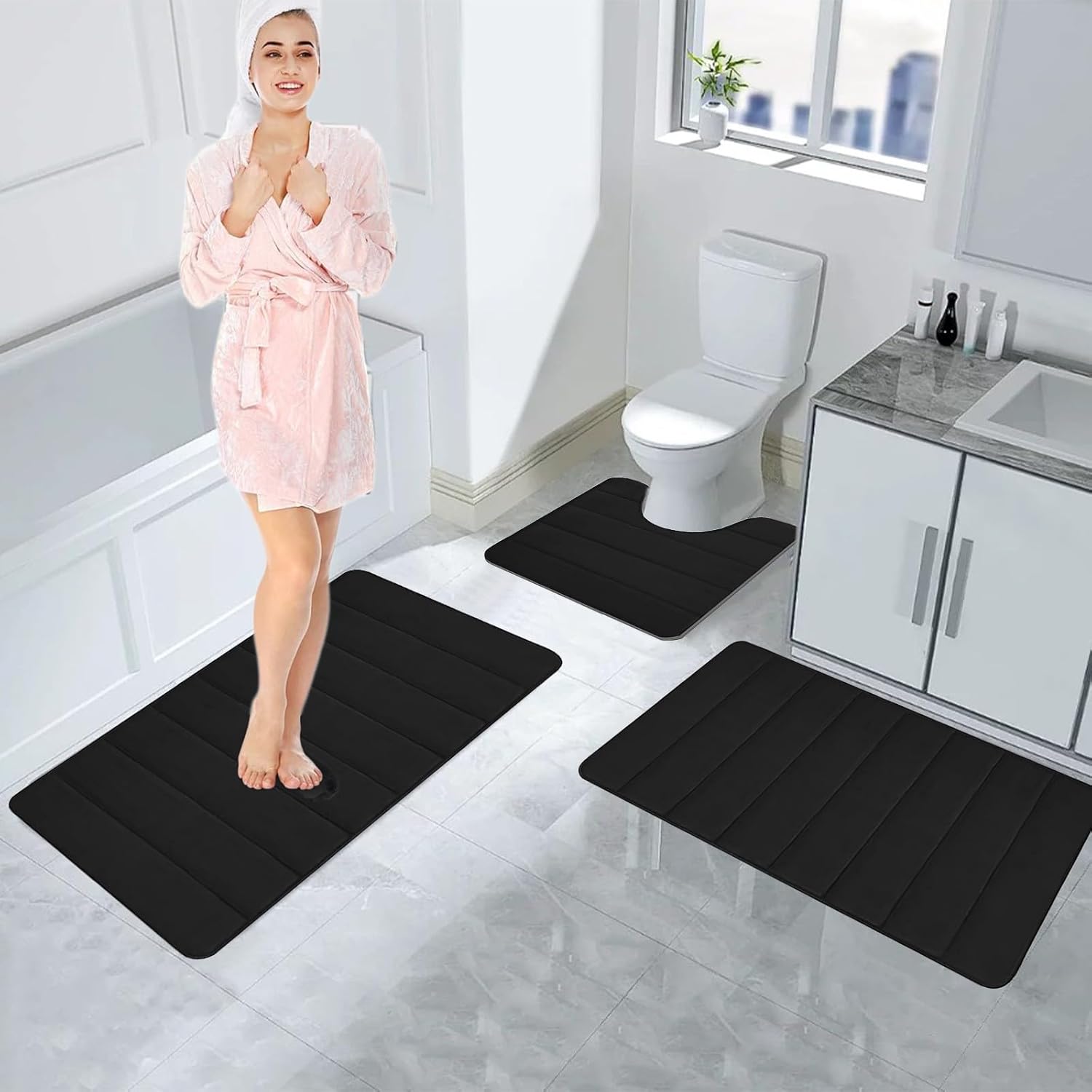 Memory Foam Bath Mat Set - 3 Piece Non Slip Water Absorbent