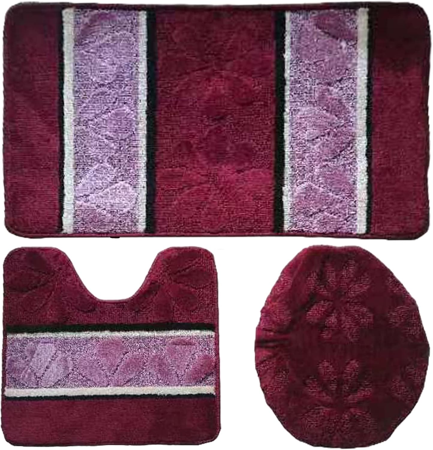 BH Home Linen 3 Pc Geometric Shaggy Bath Rug Set in Burgundy