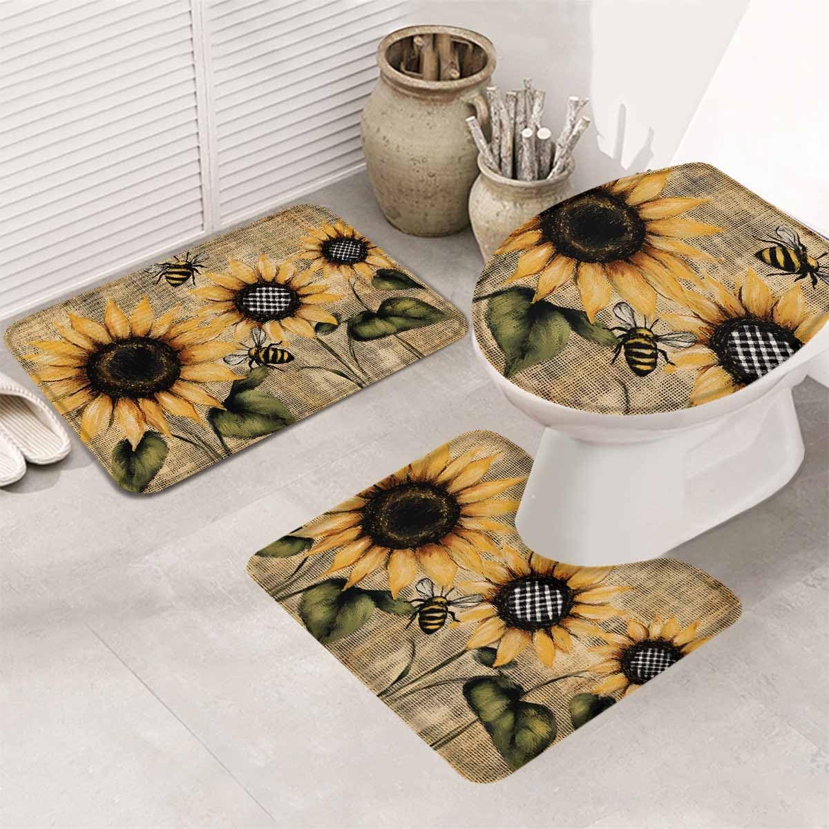 Wotrend Floral Bath Rug Set with Sunflowers Pattern