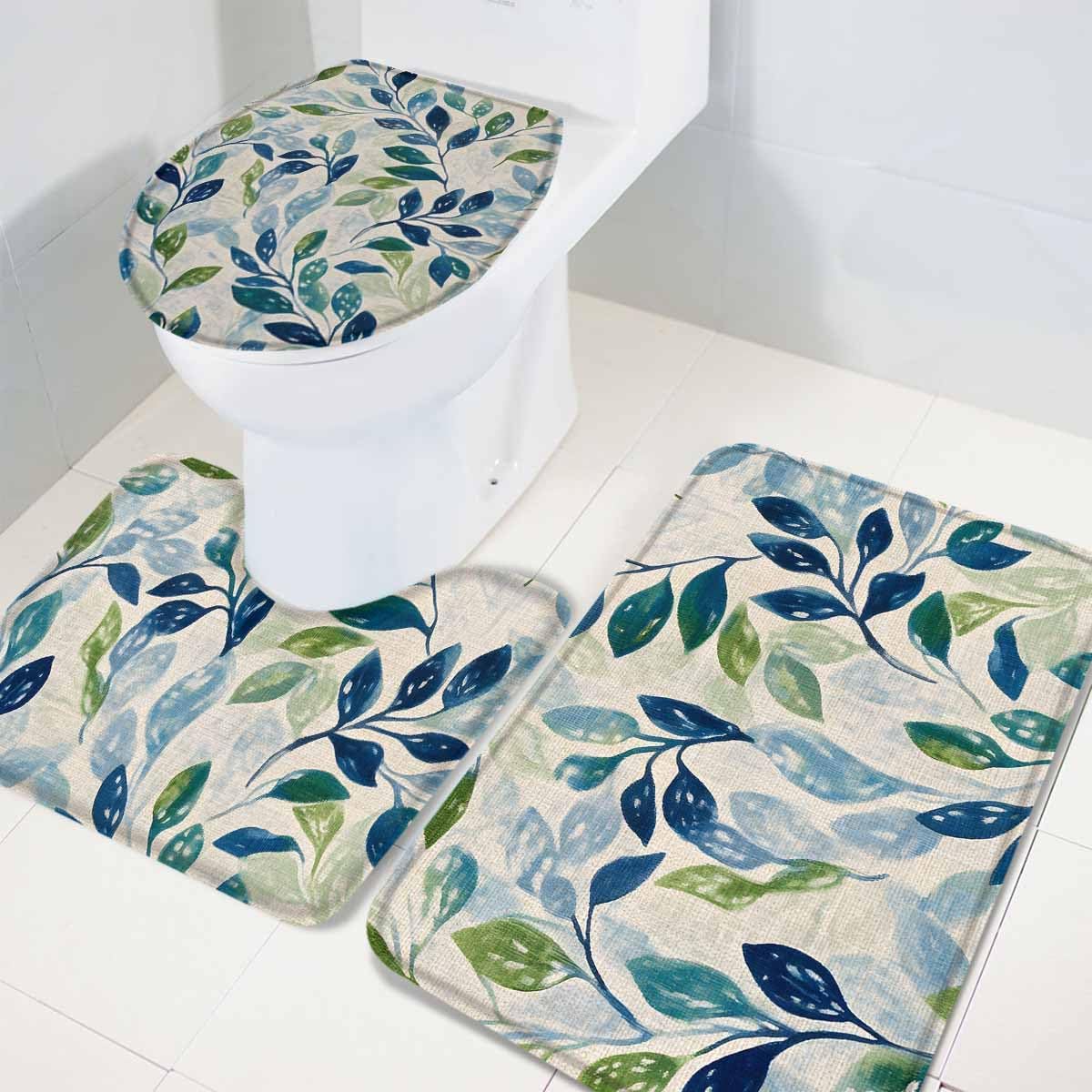 Wotrend Plant 3 Piece Bath Rug Set with Green Blue Leaves Linen Texture