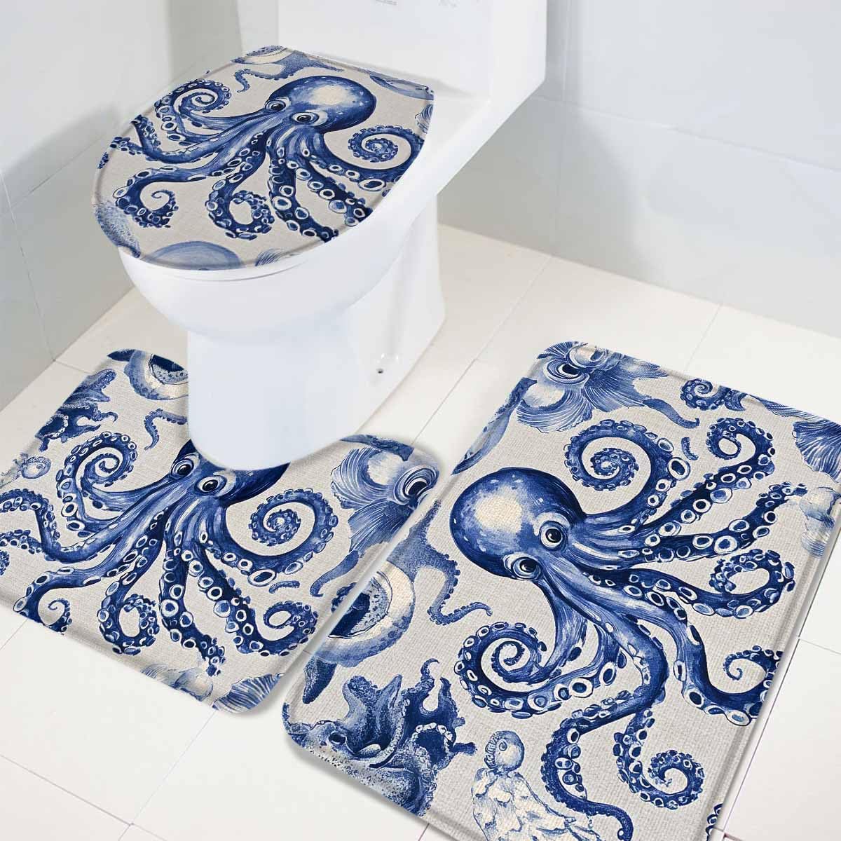 Wotrend Octopus 3 Piece Bath Rug Set Navy Blue