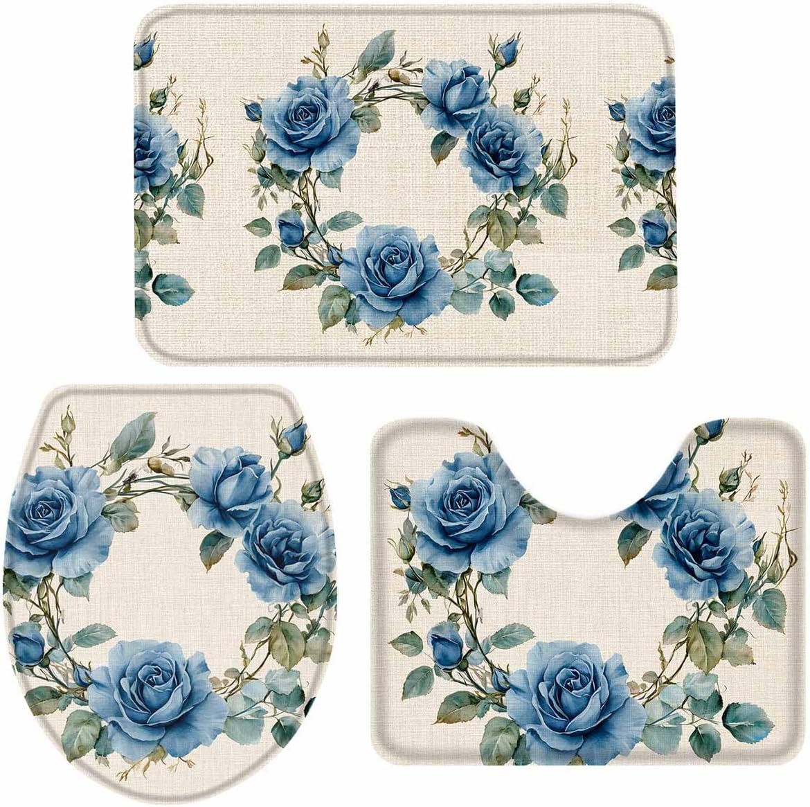 Wotrend Farmhouse Blue Rose Bath Rug Set 3 Piece