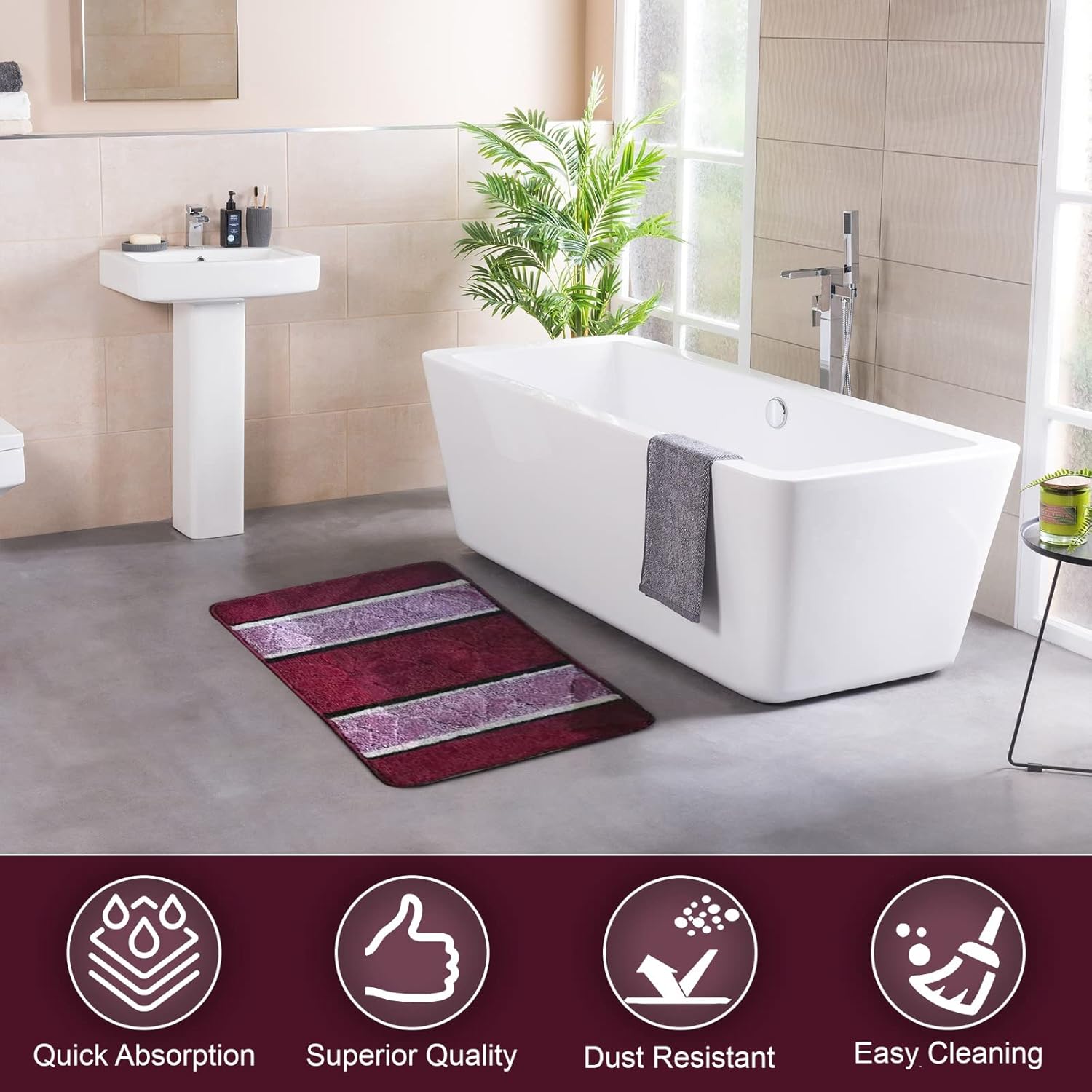 BH Home Linen 3 Pc Geometric Shaggy Bath Rug Set in Burgundy