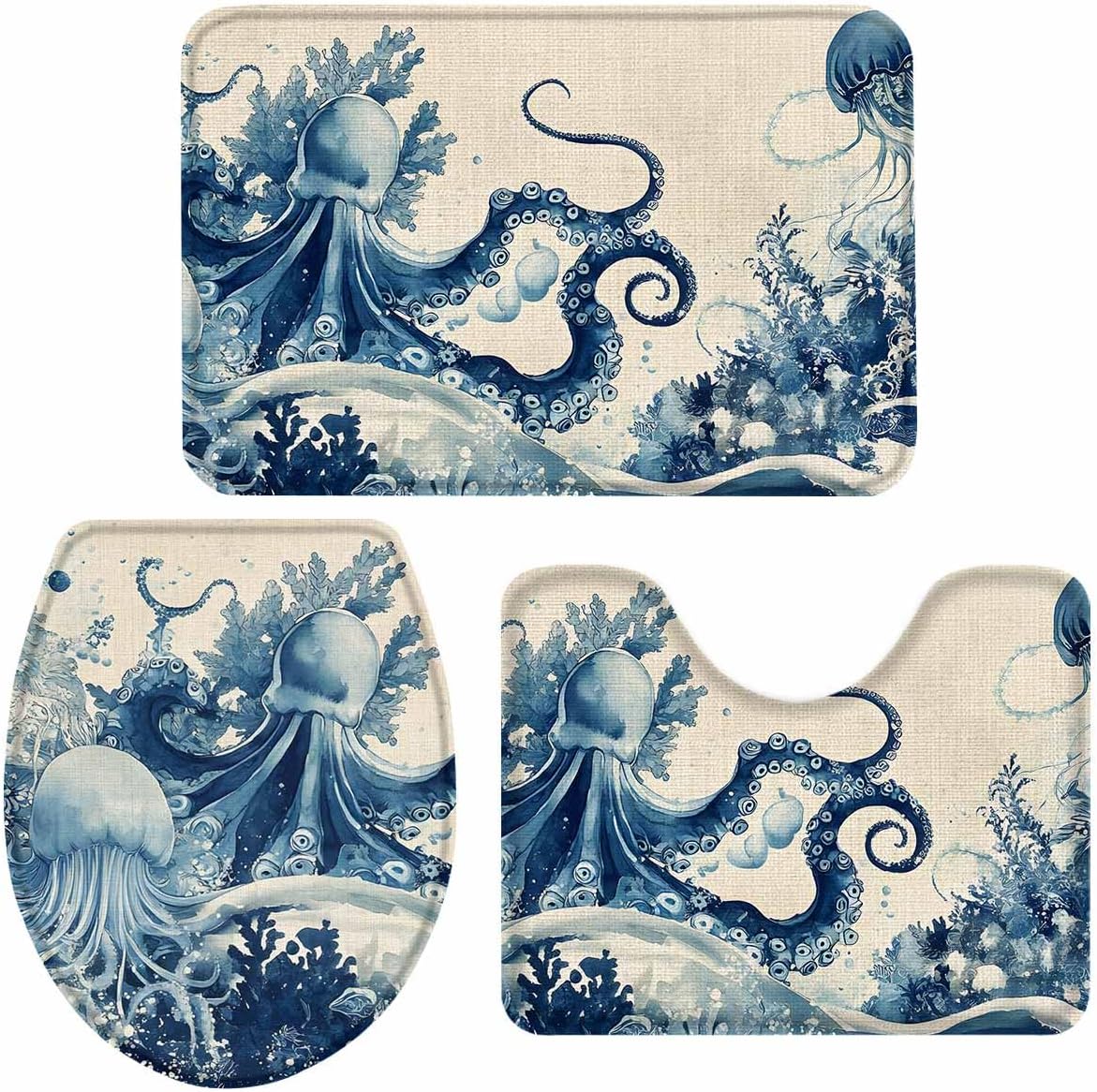 Wotrend Octopus Bath Rugs Set 3 Pieces Underwater Decor