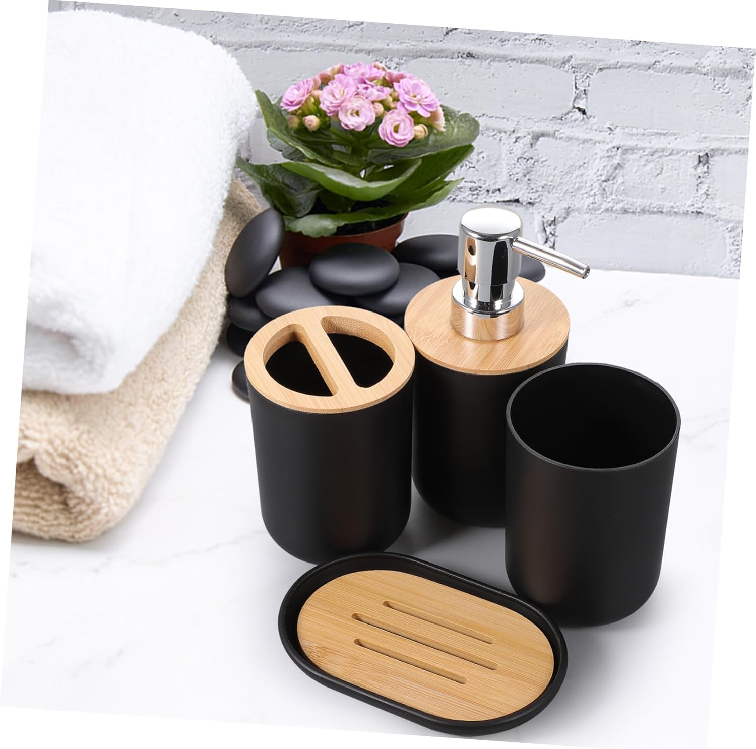UTHCLO 4PC Bathroom Accessory Set - Soap Dispenser Cup Holder Toothbrush Holder
