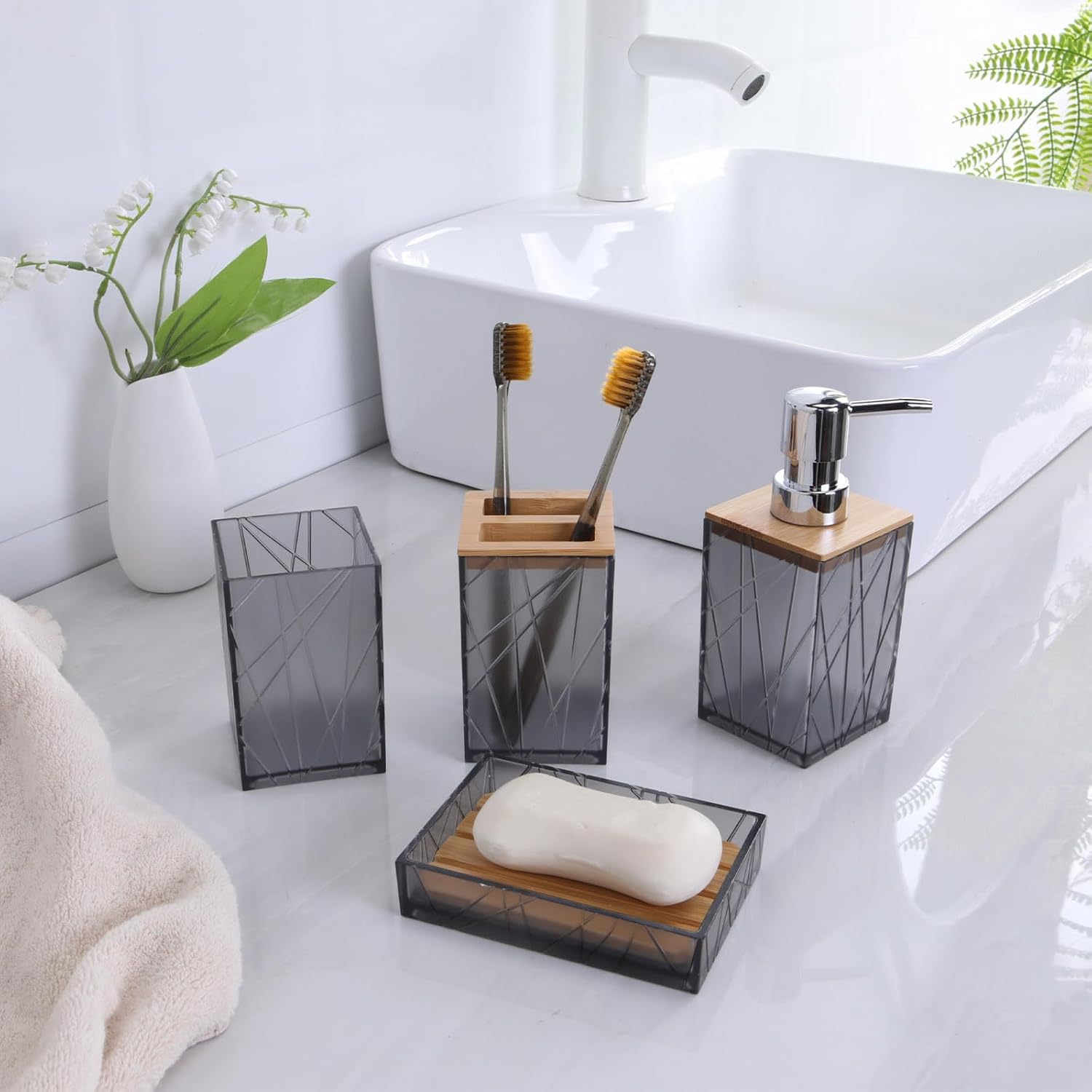 Clear Gray Bamboo Bathroom Accessories Set 6PCS