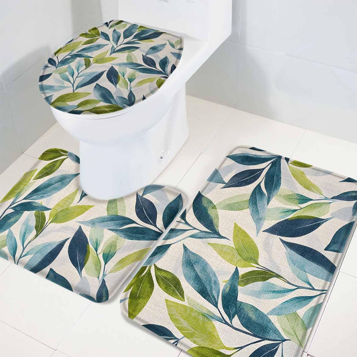 Wotrend Spring 3 Piece Bath Rug Set with Green Blue Leaves Linen Texture