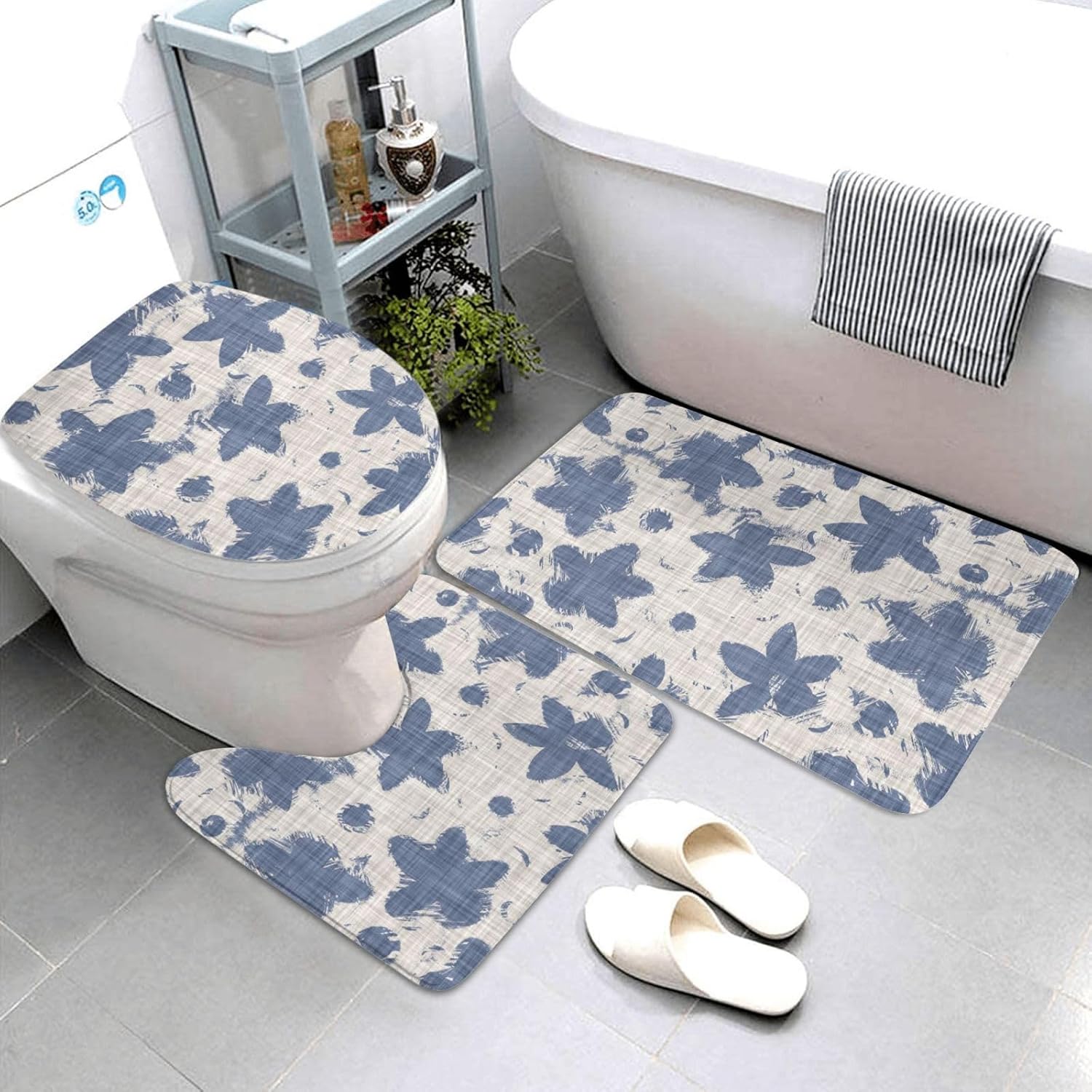 French Linen Floral 3-Piece Bathroom Rug Set