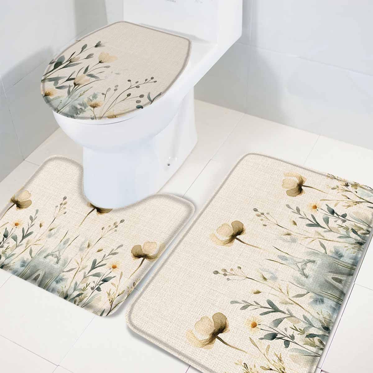 Wotrend 3-Piece Spring Bath Rug Set with Flower Leaves Linen Texture