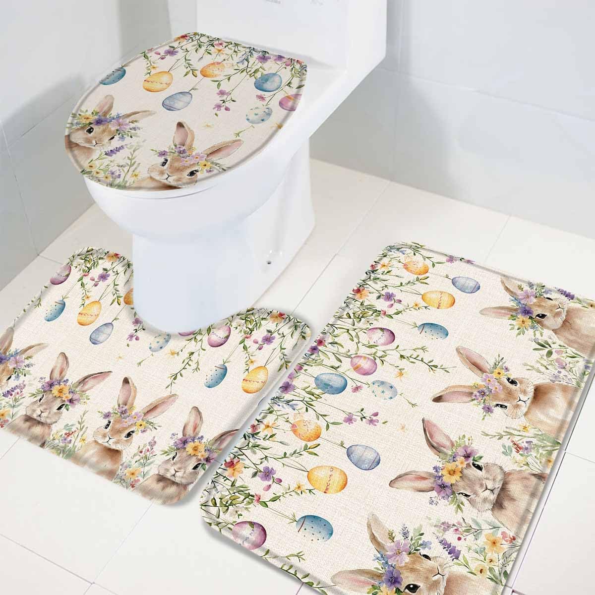 Wotrend Easter Bunny Bath Rugs Set 3 Pieces