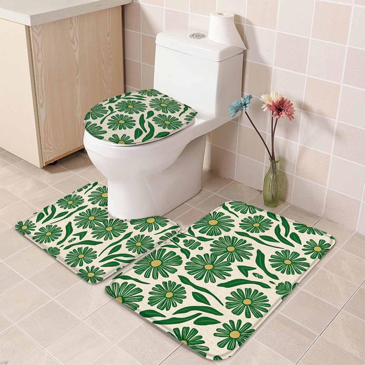 Wotrend 3 Piece Bath Rug Set Green Flower Linen Texture 1