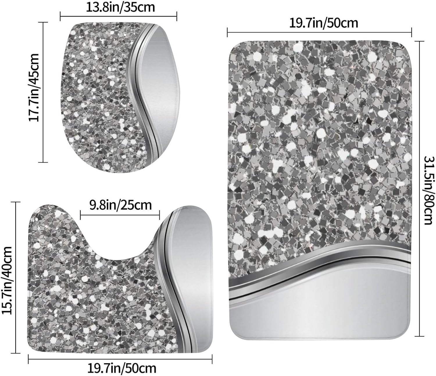 CLaLoc 3-Piece Silver Faux Glitter Bathroom Rug Set