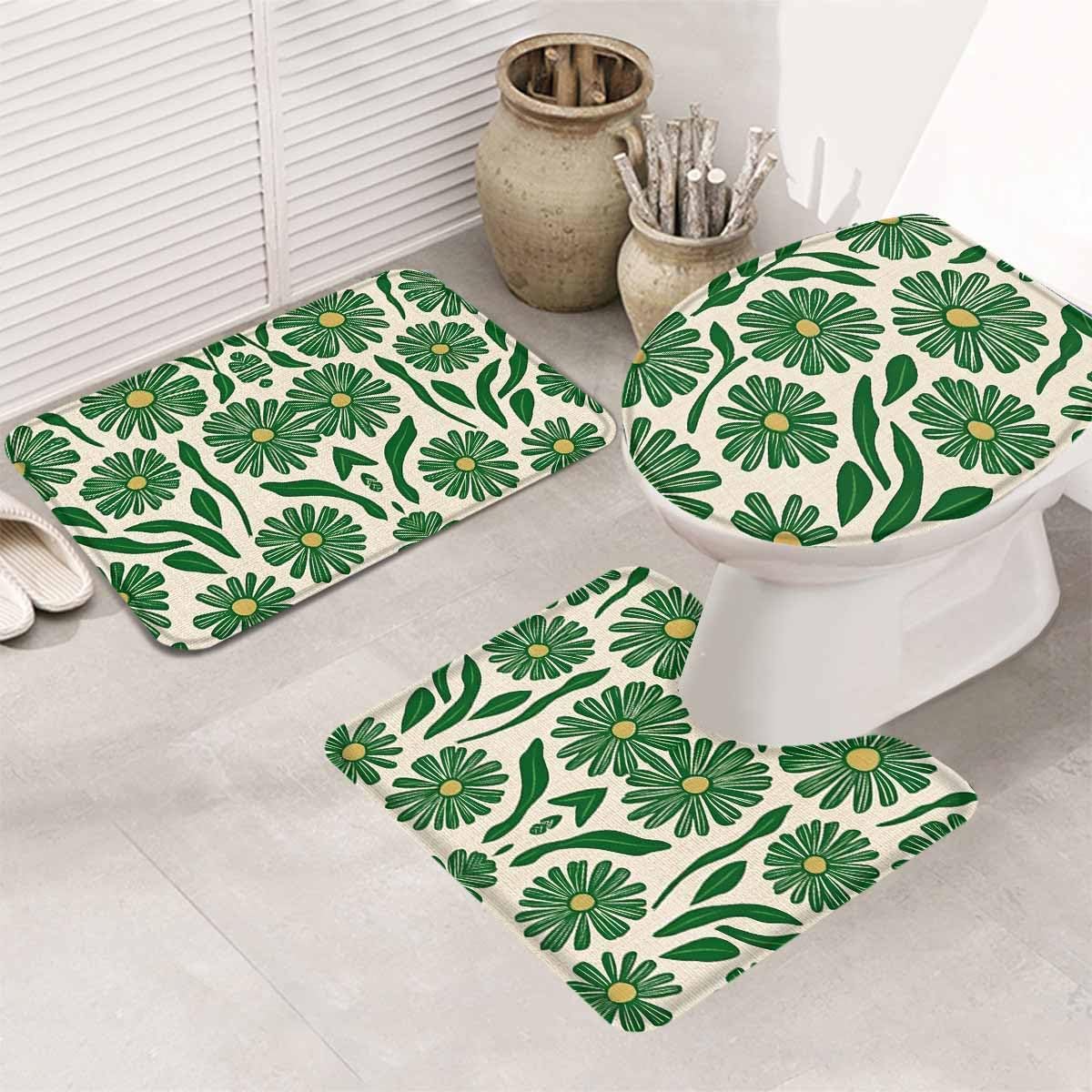 Wotrend 3 Piece Bath Rug Set Green Flower Linen Texture 1