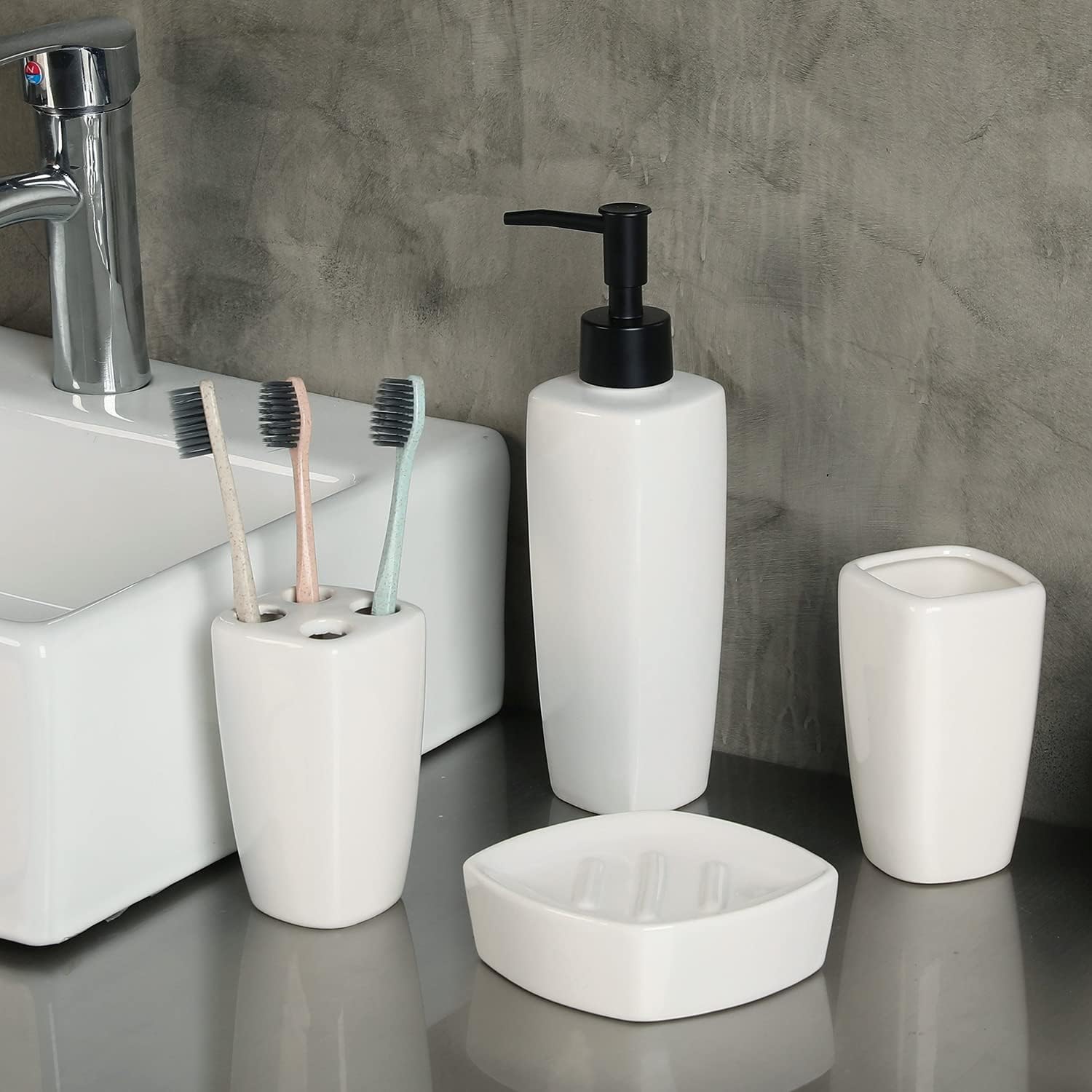 MyGift 4 Piece Modern White Ceramic Bathroom Set