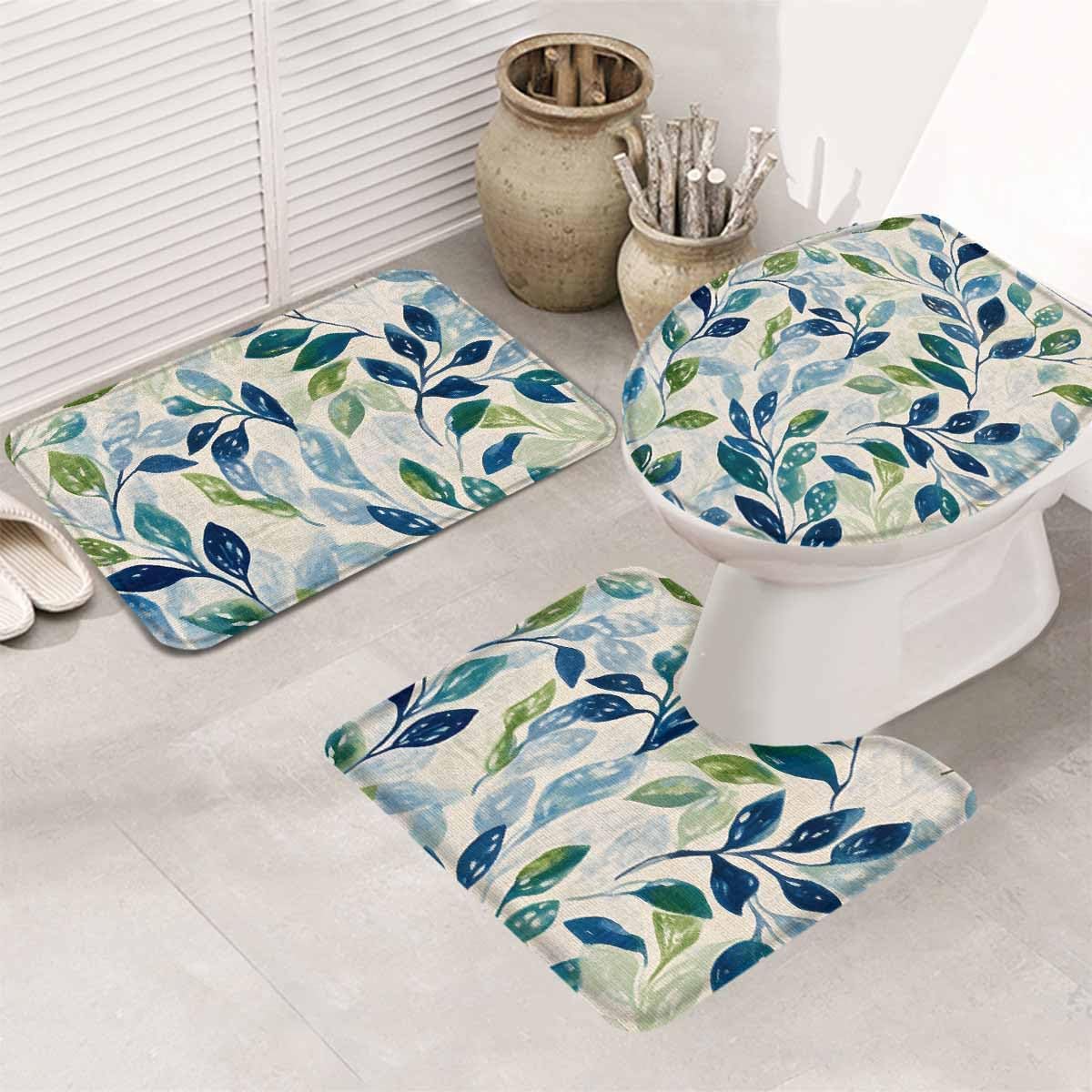 Wotrend Plant 3 Piece Bath Rug Set with Green Blue Leaves Linen Texture