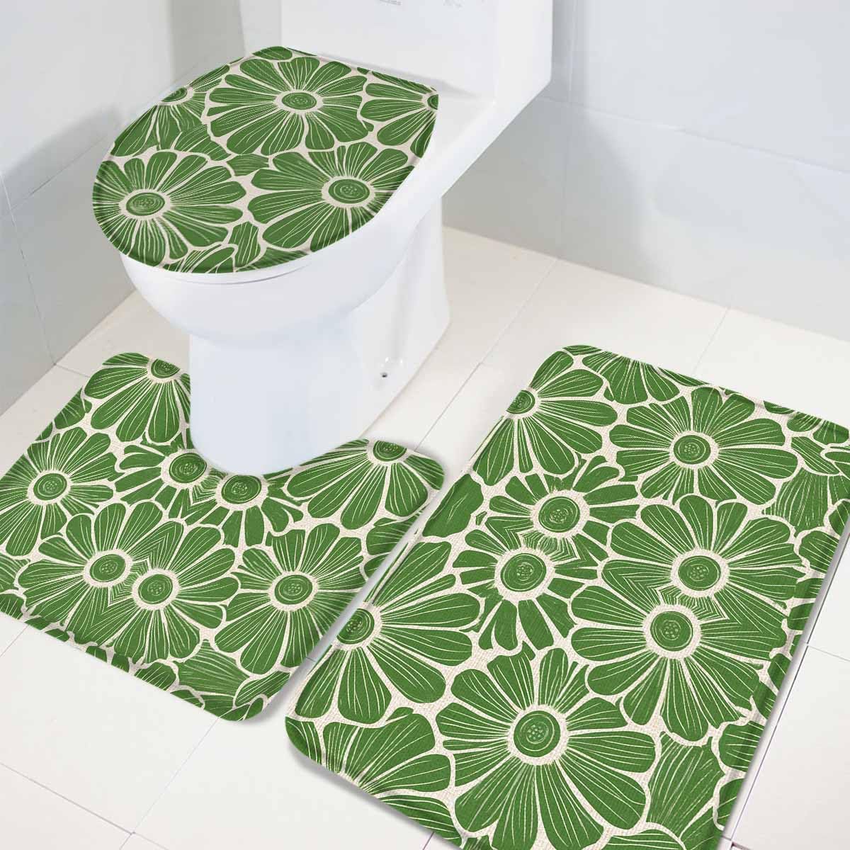 Wotrend Spring 3 Piece Bath Rug Set Floral Green Linen Texture