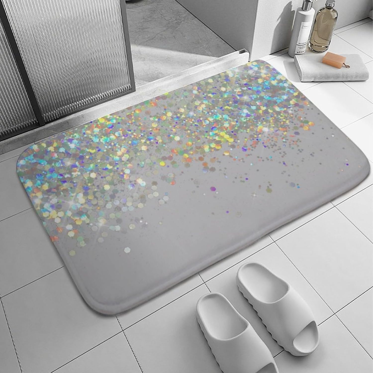Curdesi Luxury Bath Rug Silver Gray Glitter Non Slip 20x32inch