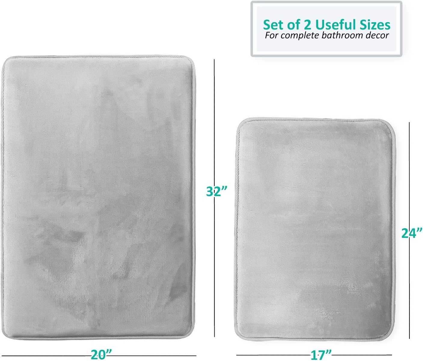 Clara Clark 2 Piece Velvet Bath Mat Set - Non-Slip Quick Drying Silver