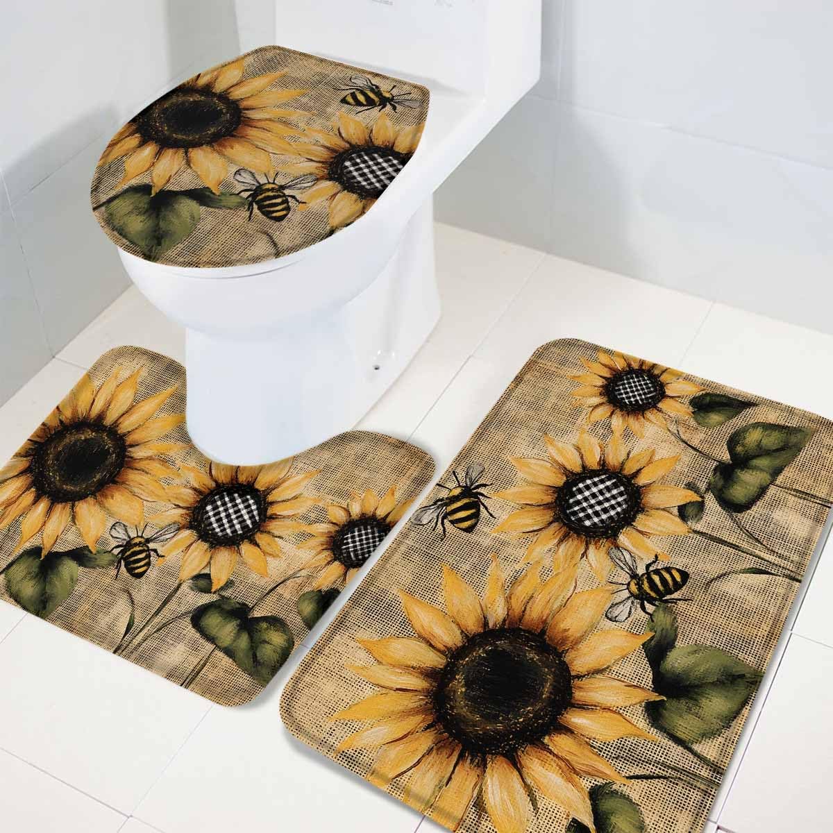 Wotrend Floral Bath Rug Set with Sunflowers Pattern