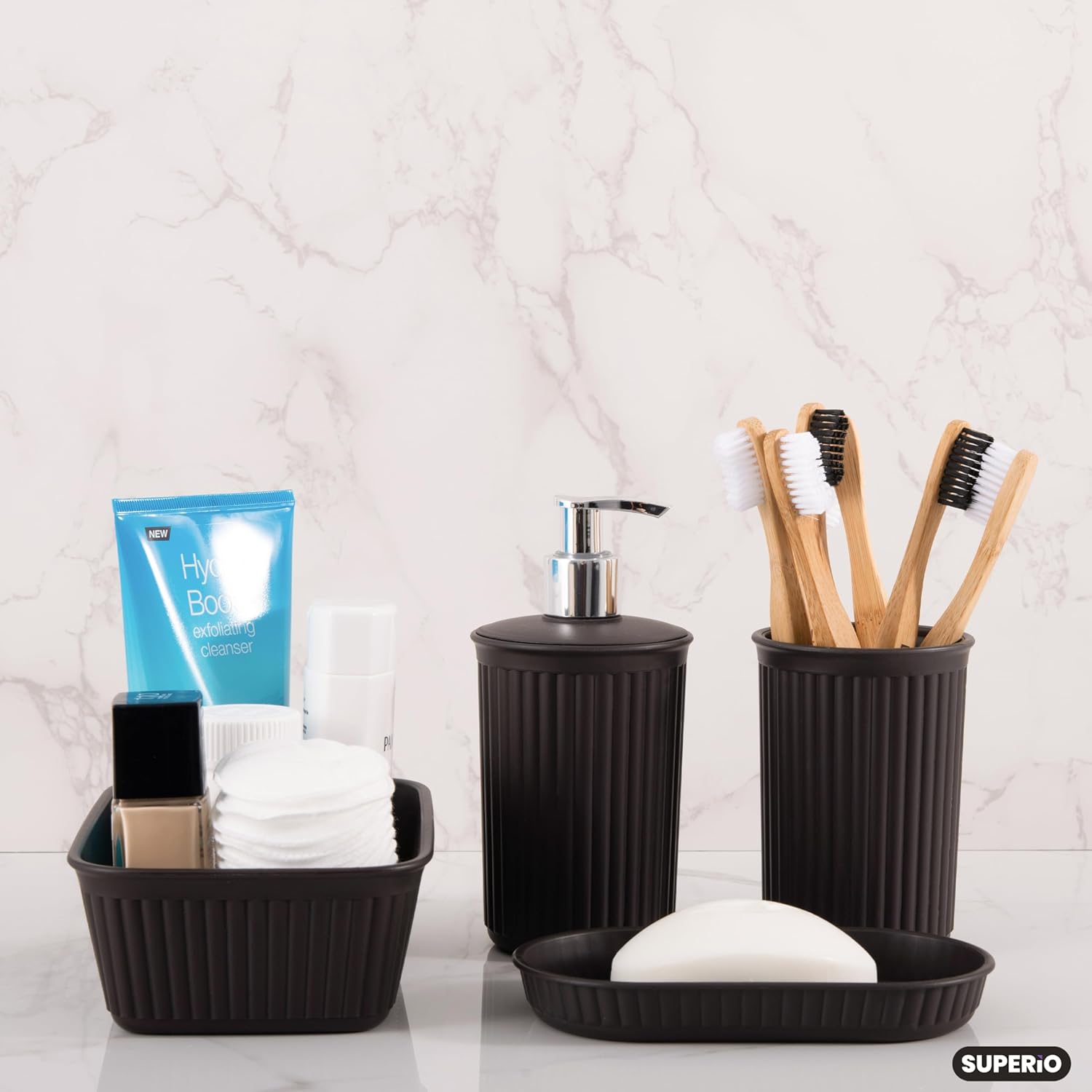 Superio Decorative Plastic Bathroom Accessories Set - Brown