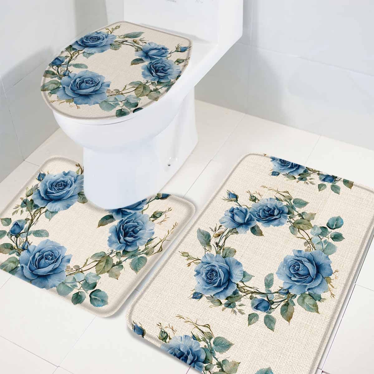 Wotrend Farmhouse Blue Rose Bath Rug Set 3 Piece