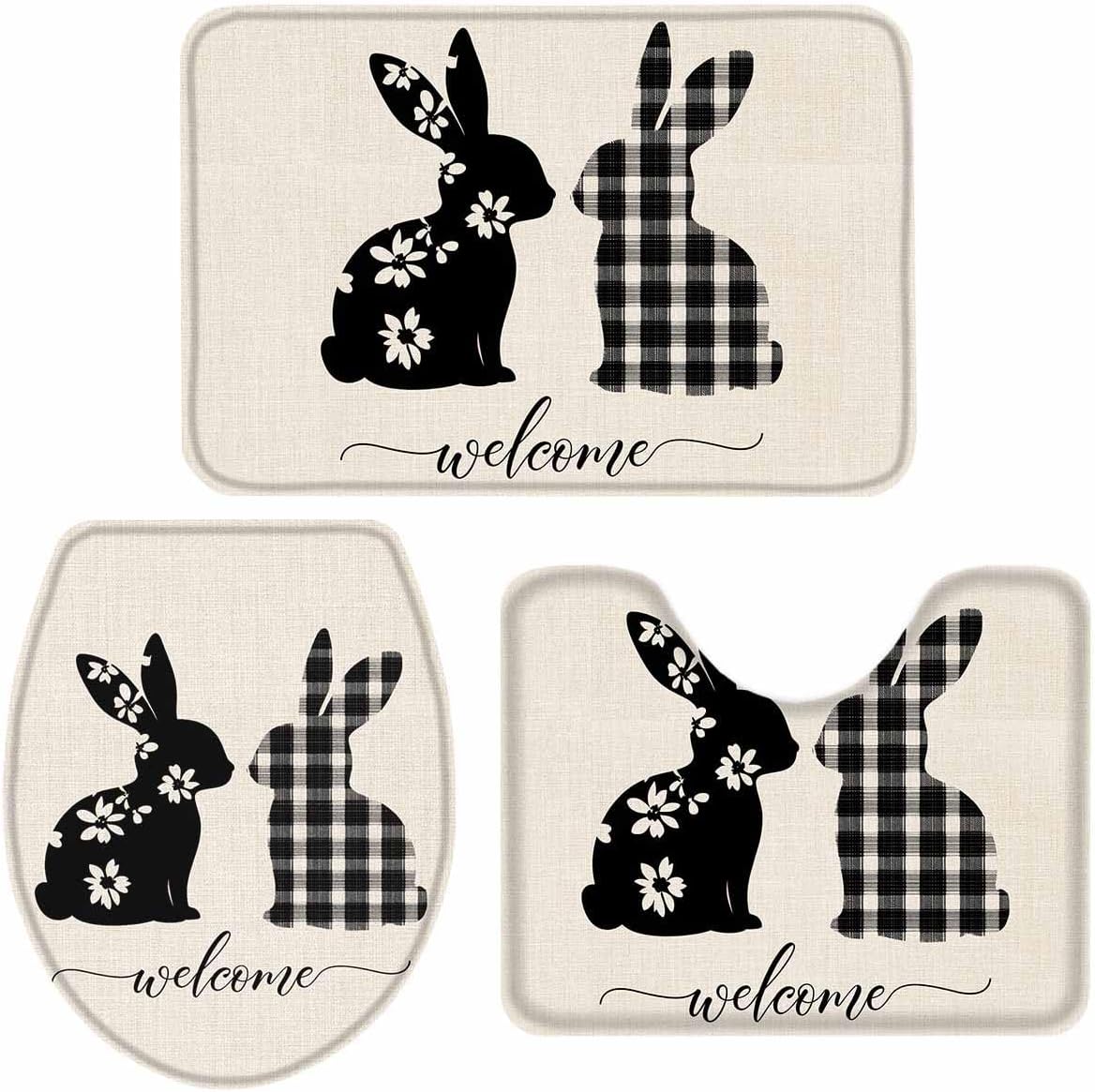Wotrend Easter 3 Piece Bath Rug Set with Fluffy Rabbits Flowers