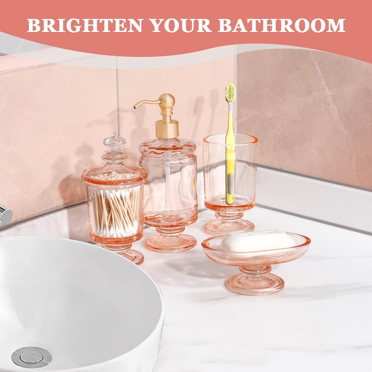 Pink Glass Bathroom Accessories Set 4Pcs 1
