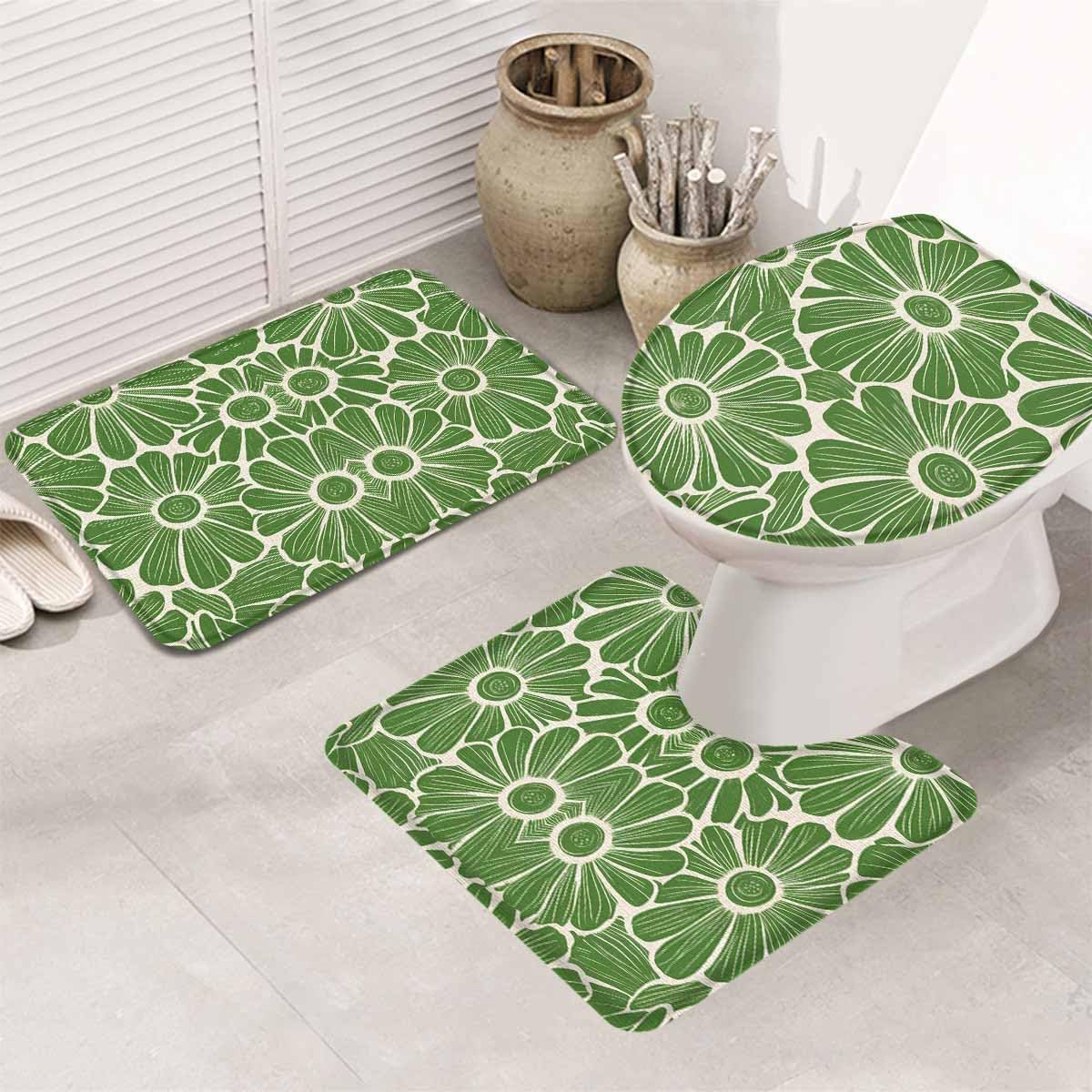 Wotrend Spring 3 Piece Bath Rug Set Floral Green Linen Texture